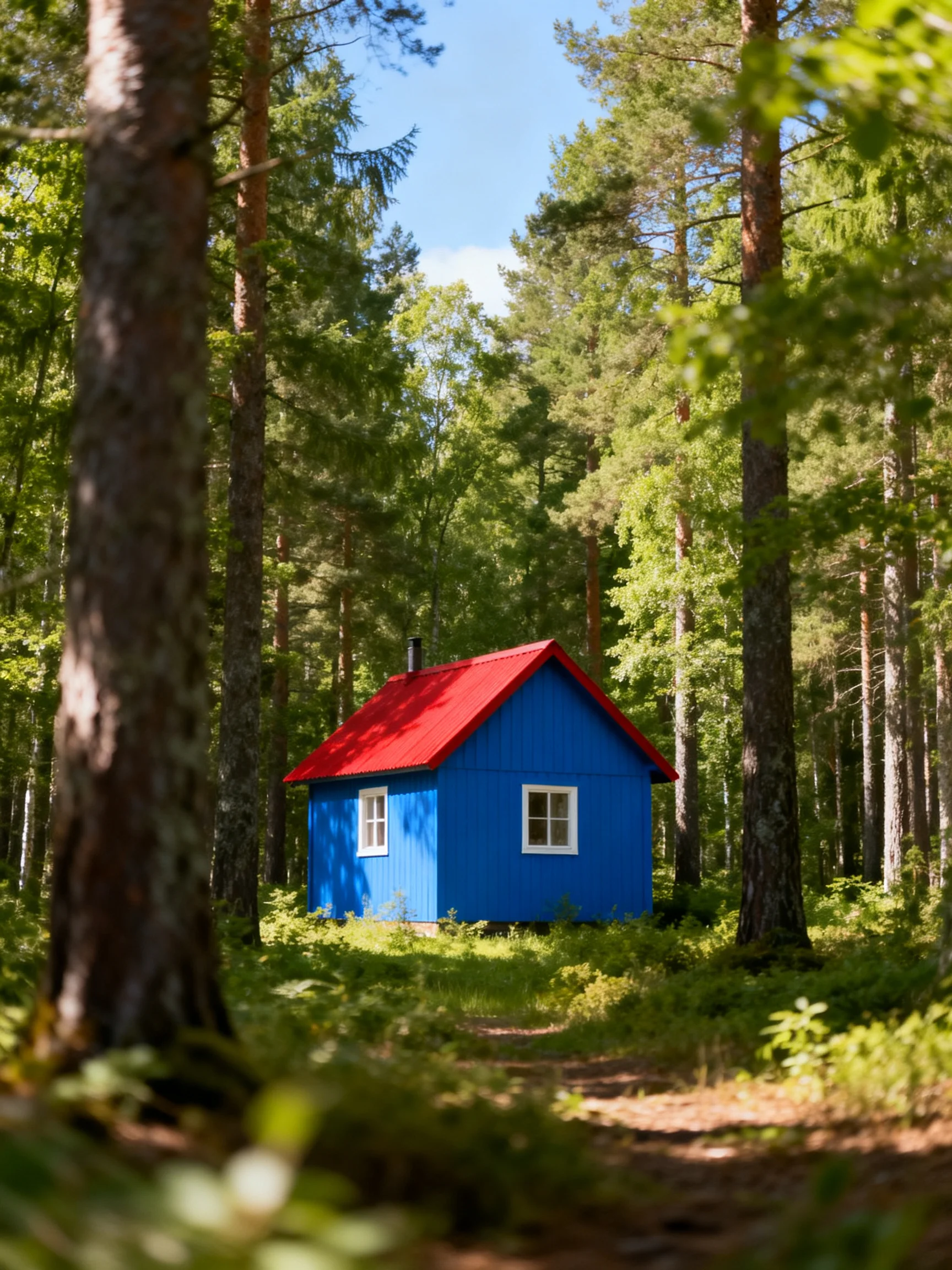 A bright blue cabin with red roof nestled among tall trees