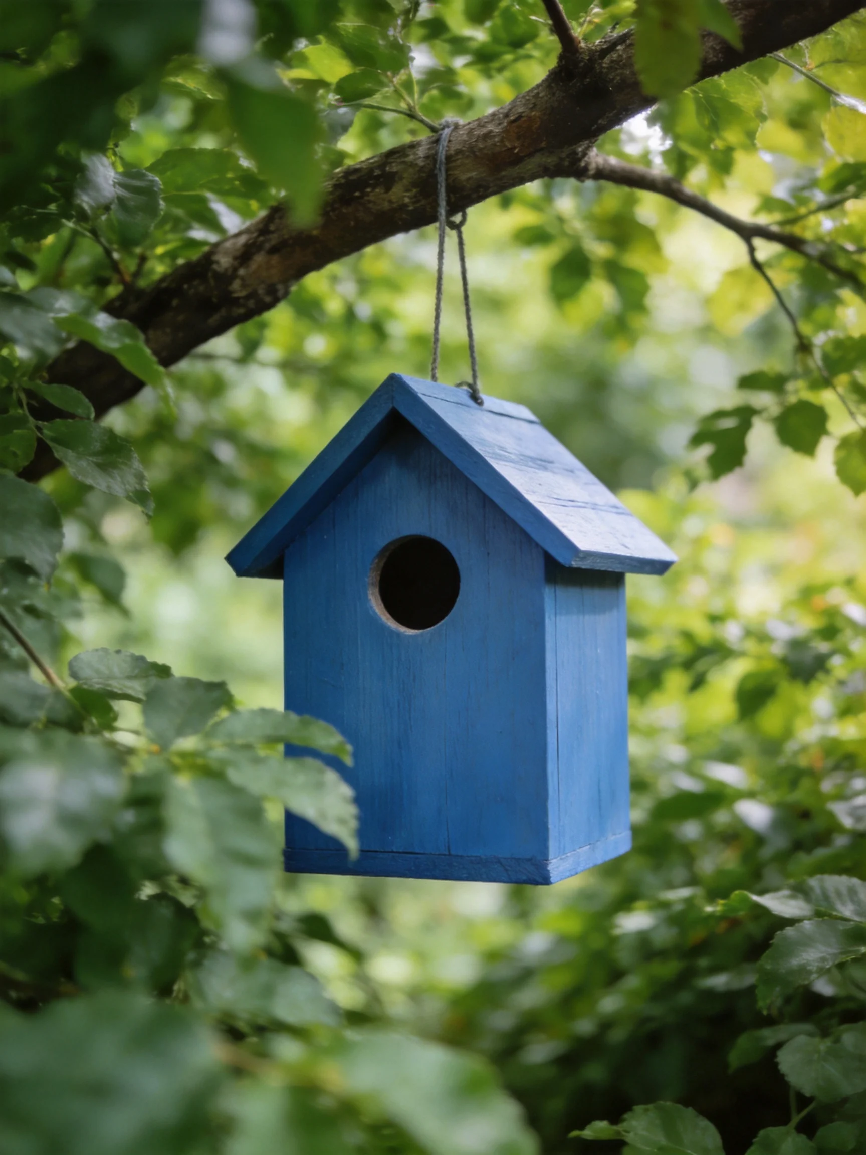 A bright blue wooden birdhouse hangs from a tree branch amid lush green foliage