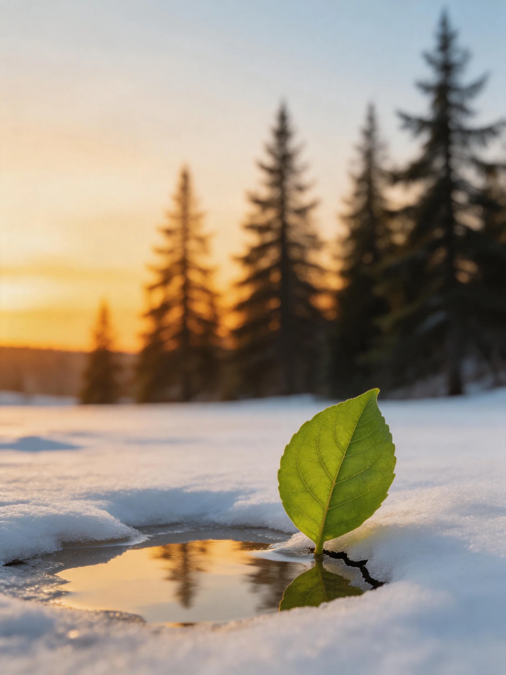 A bright green leaf emerges from melting snow near pine trees at sunset
