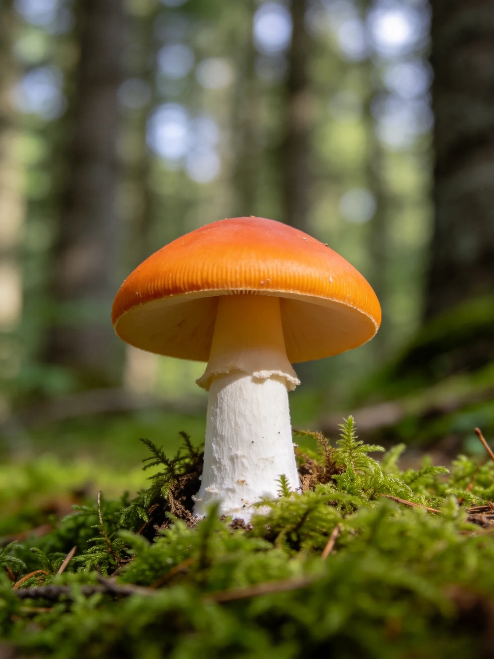 A bright orange-capped mushroom stands amid lush green moss in a forest