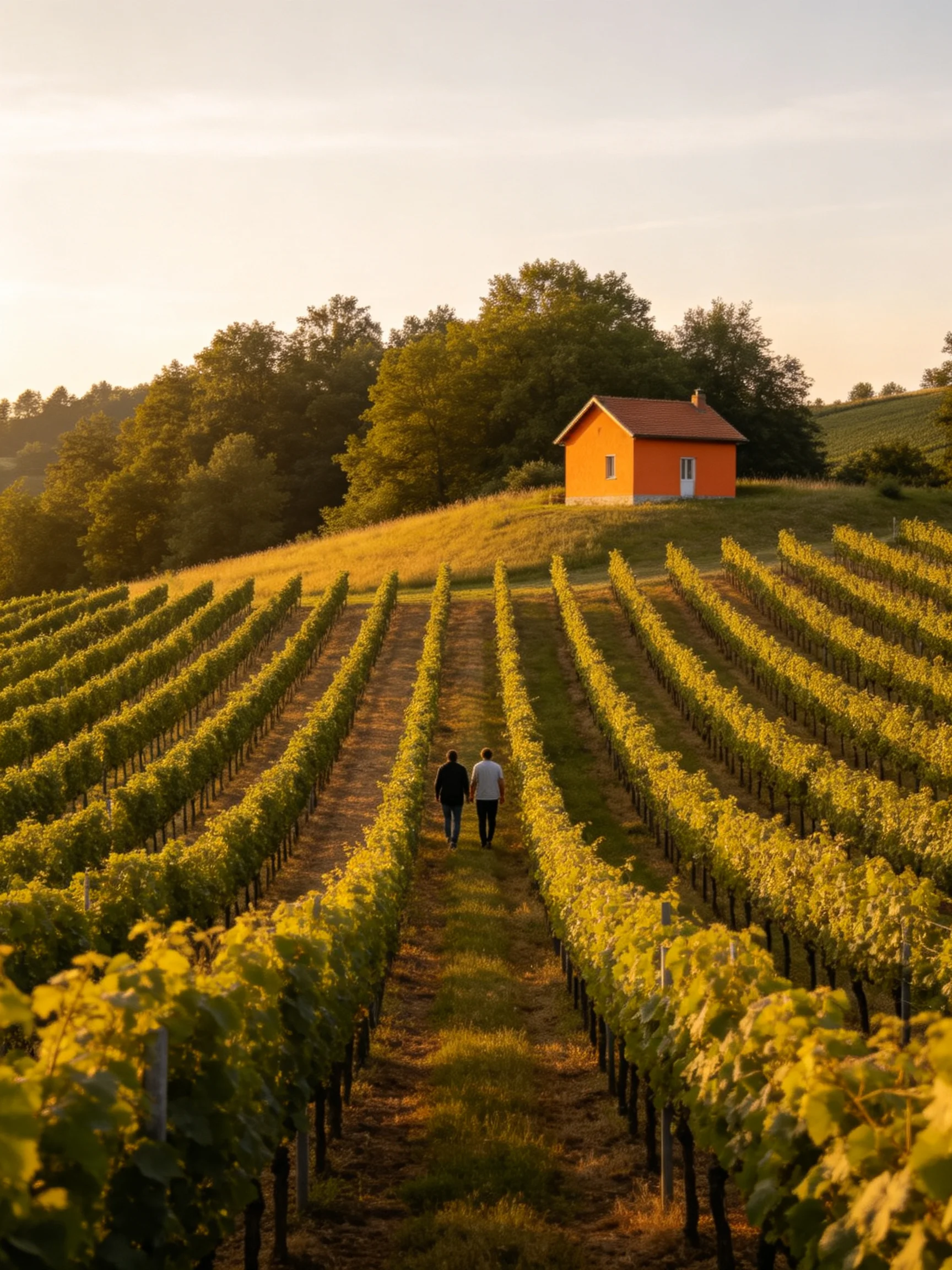 A bright orange cottage overlooks orderly vineyard rows under golden sunlight