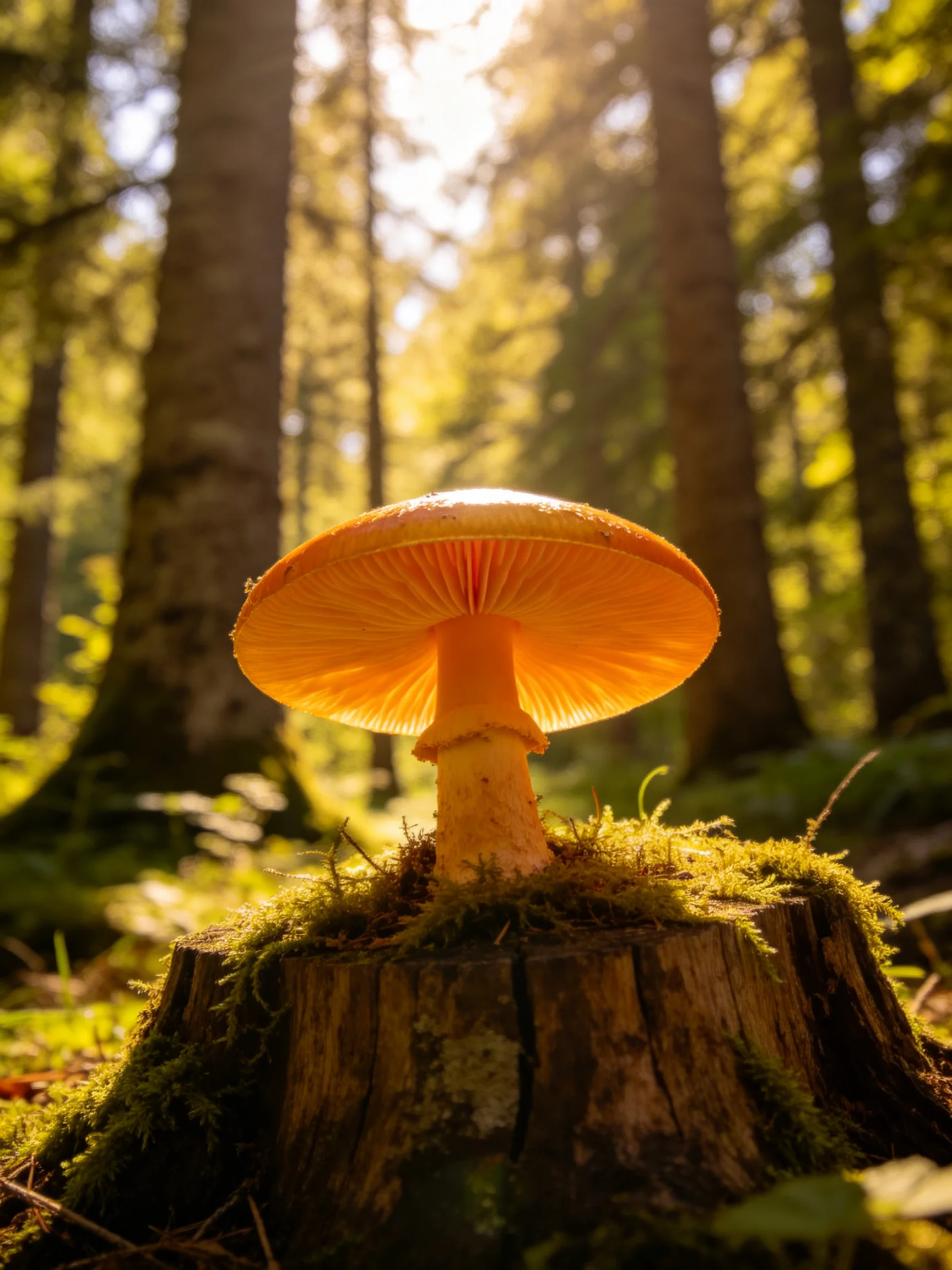 A bright orange mushroom on a mossy tree stump in a sunlit forest