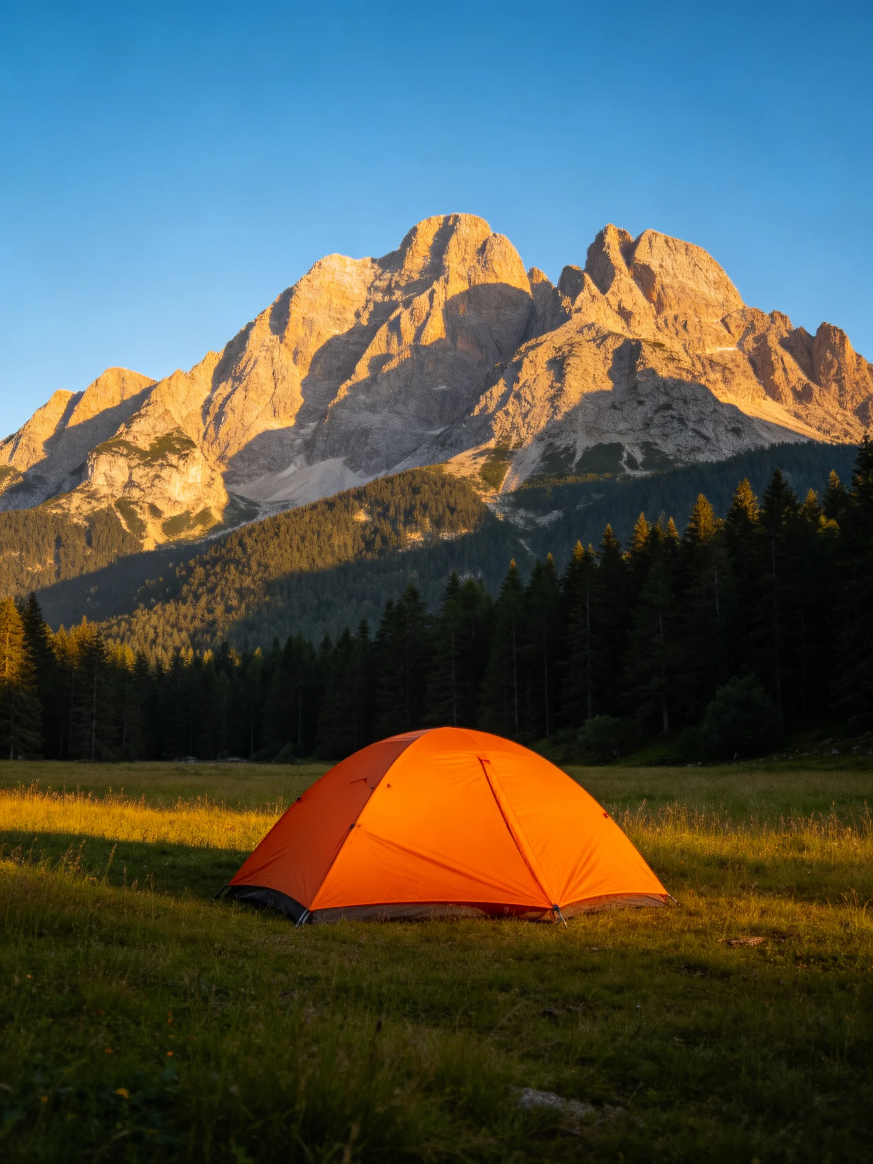 A bright orange tent sits in a meadow with towering golden mountains