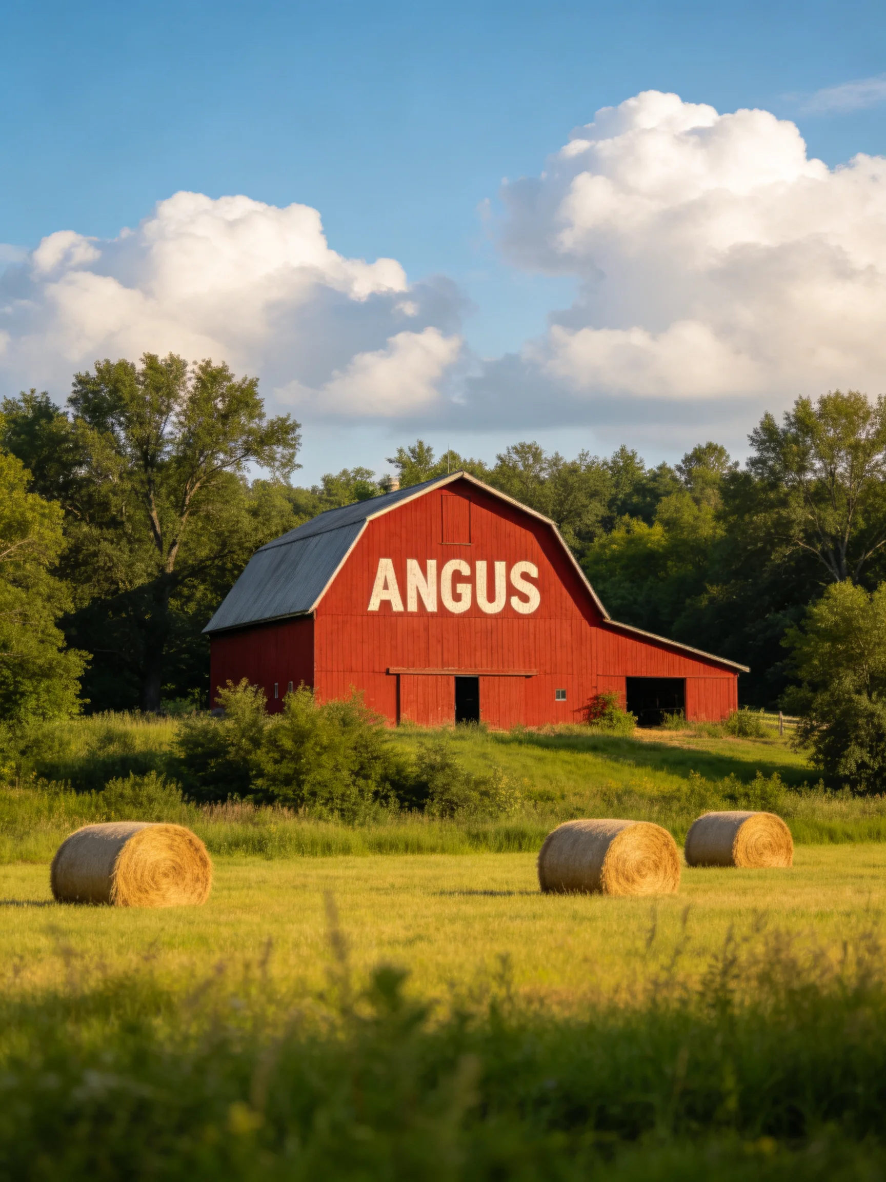 A bright red barn labeled Angus amid hay bales and greenery under a blue sky