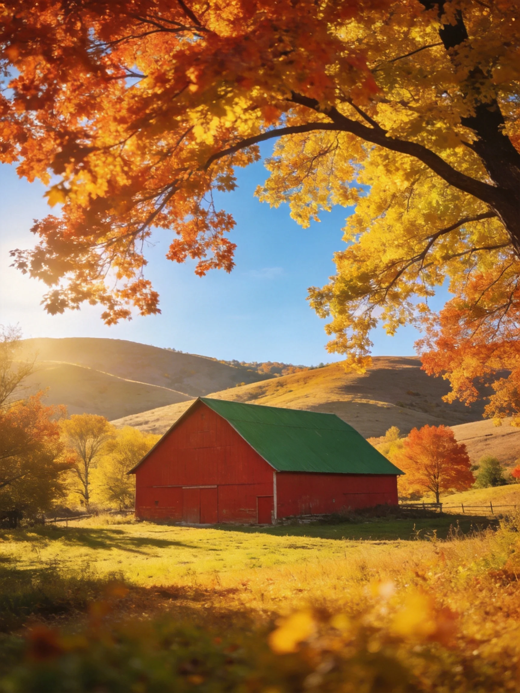 A bright red barn with a green roof amidst autumn-colored trees and rolling hills