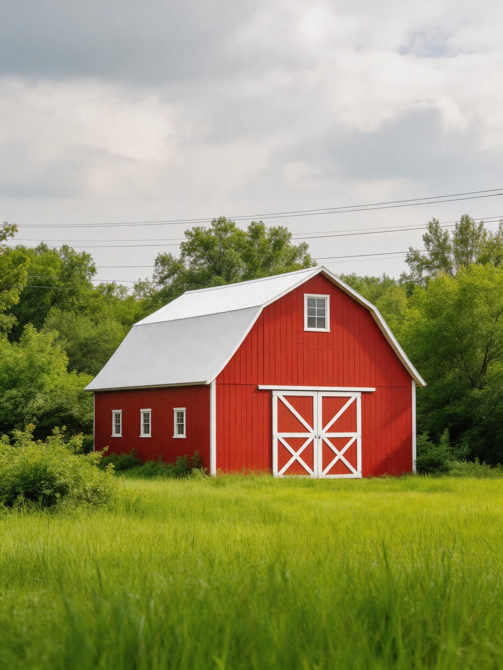A bright red barn with white trim amidst lush green fields and trees