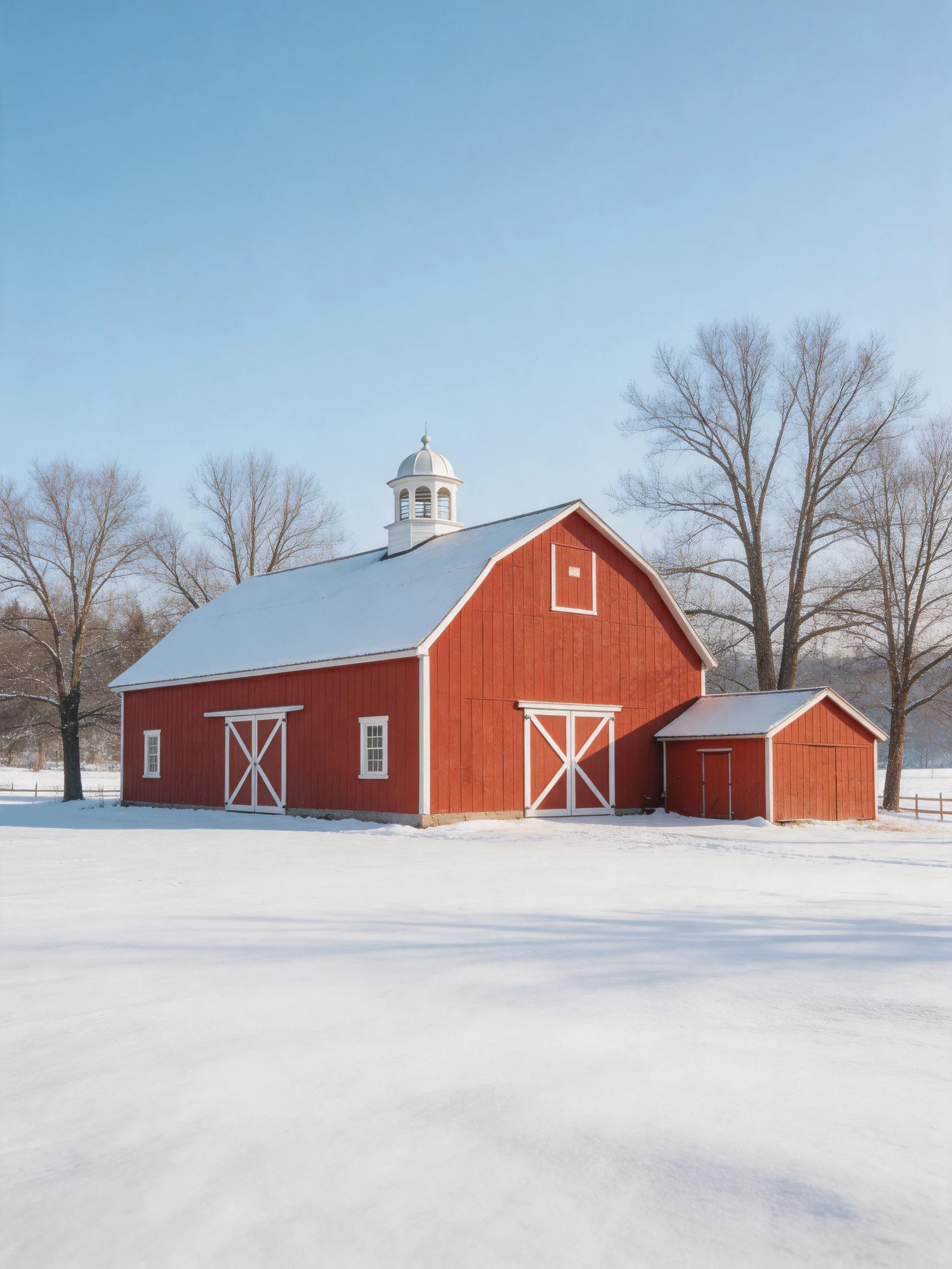 A bright red barn with white trim in a snowy winter landscape