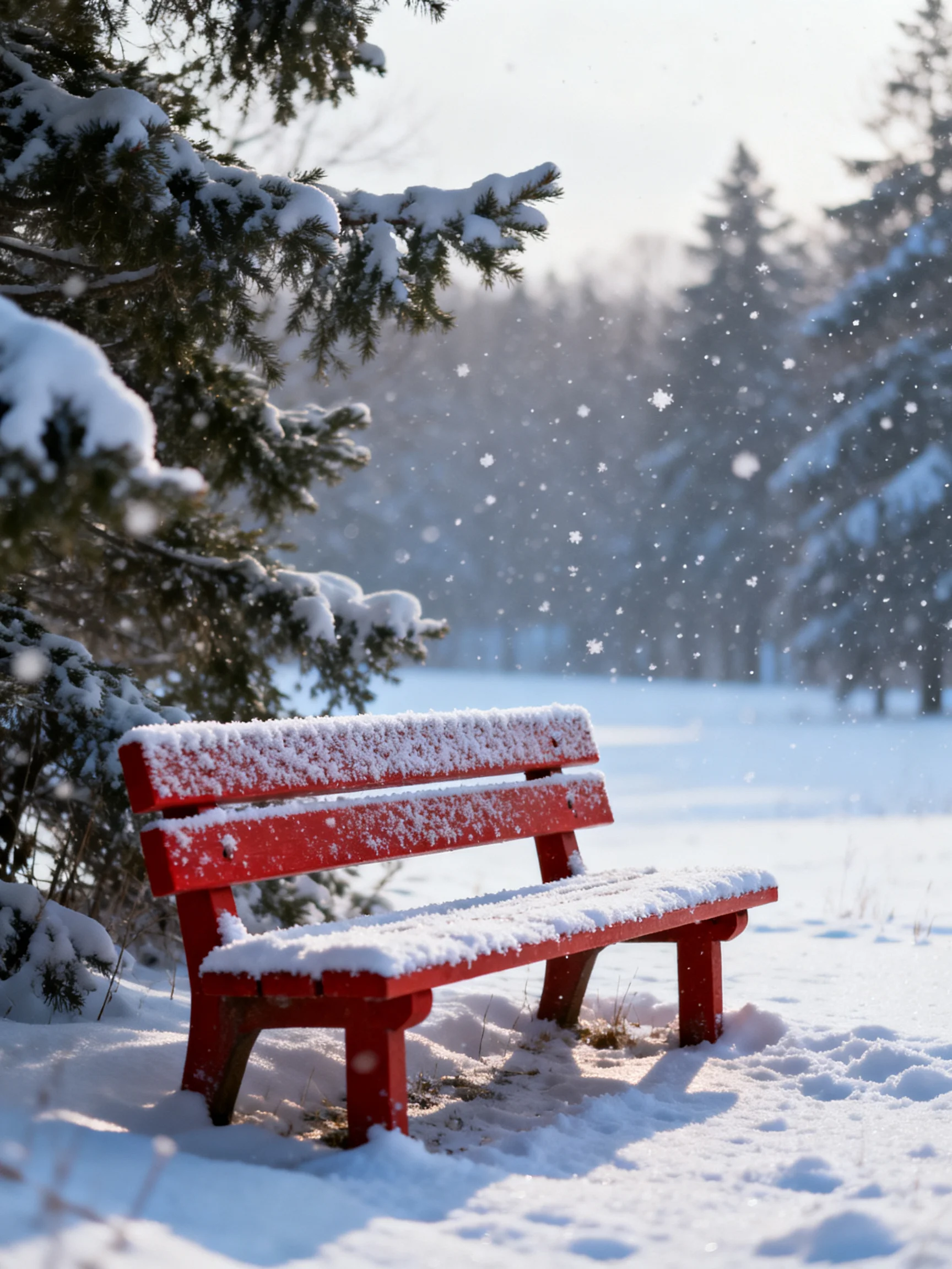 A bright red bench blanketed in snow near snow-laden evergreen trees