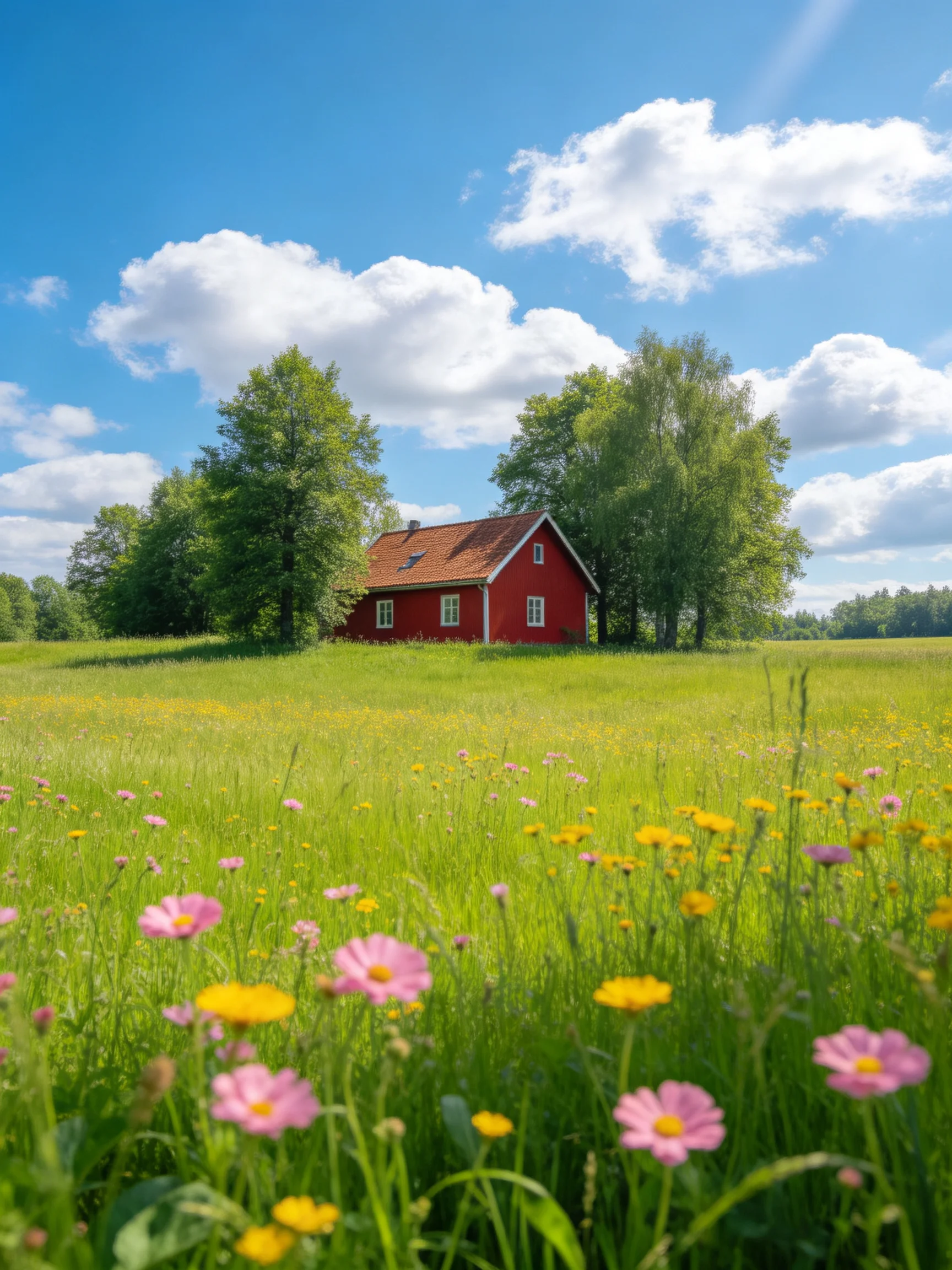 A bright red cottage in a flower-filled meadow with tall trees