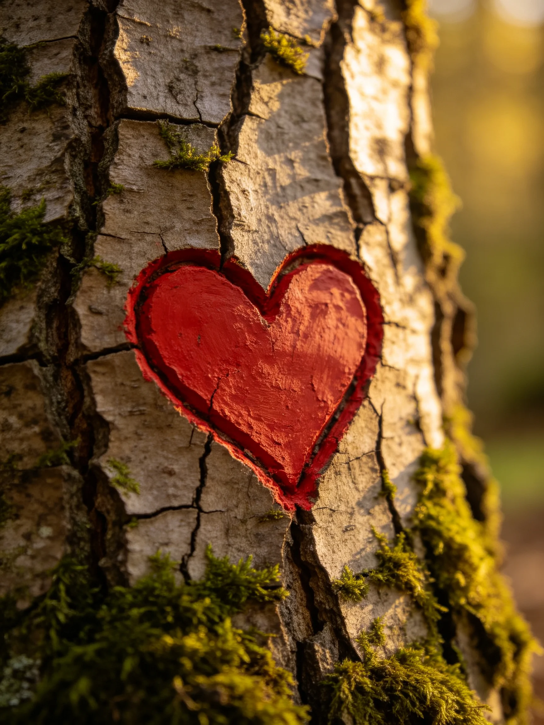 A bright red heart painted on a textured tree trunk with green moss