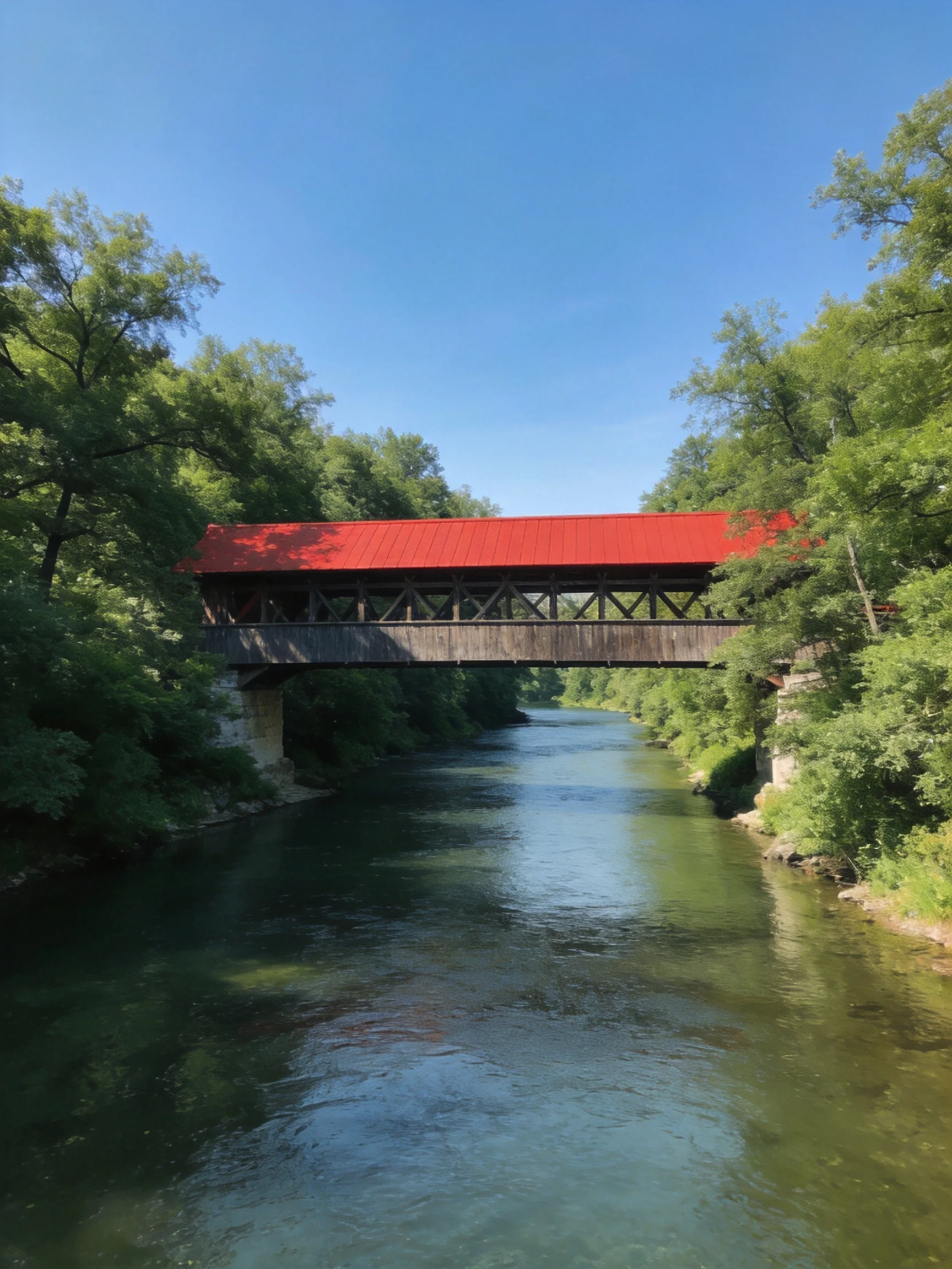 A bright red-roofed covered bridge crosses a serene river surrounded by dense foliage