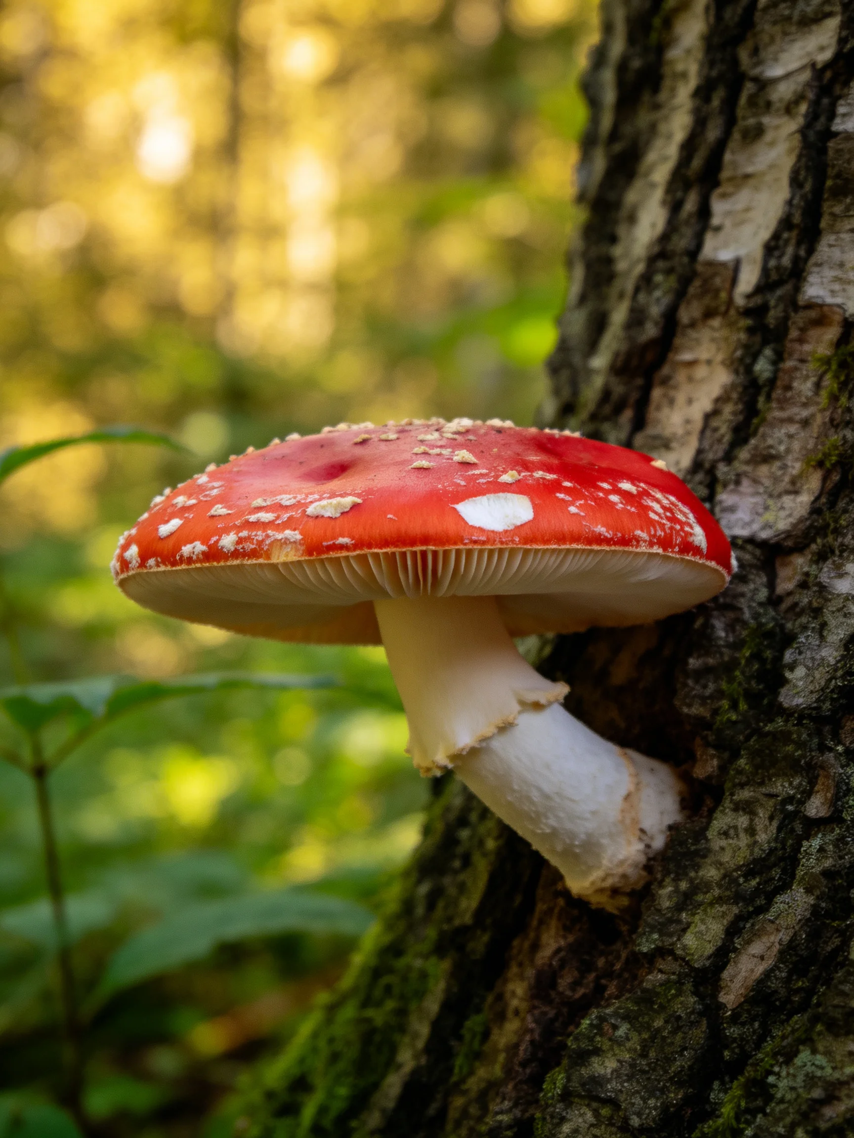A bright red spotted mushroom grows from a mossy tree trunk