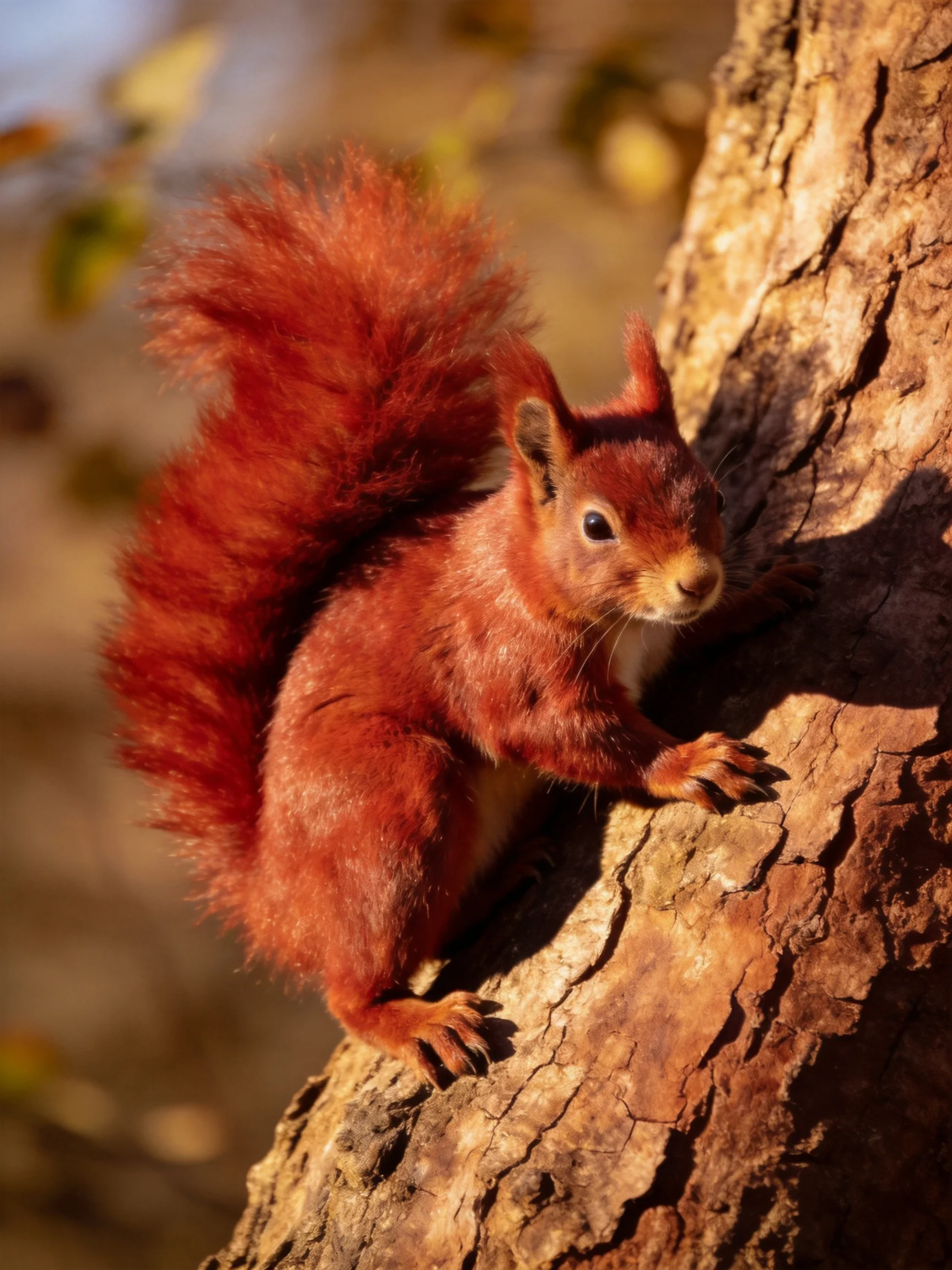 A bright red squirrel with bushy tail on textured tree trunk