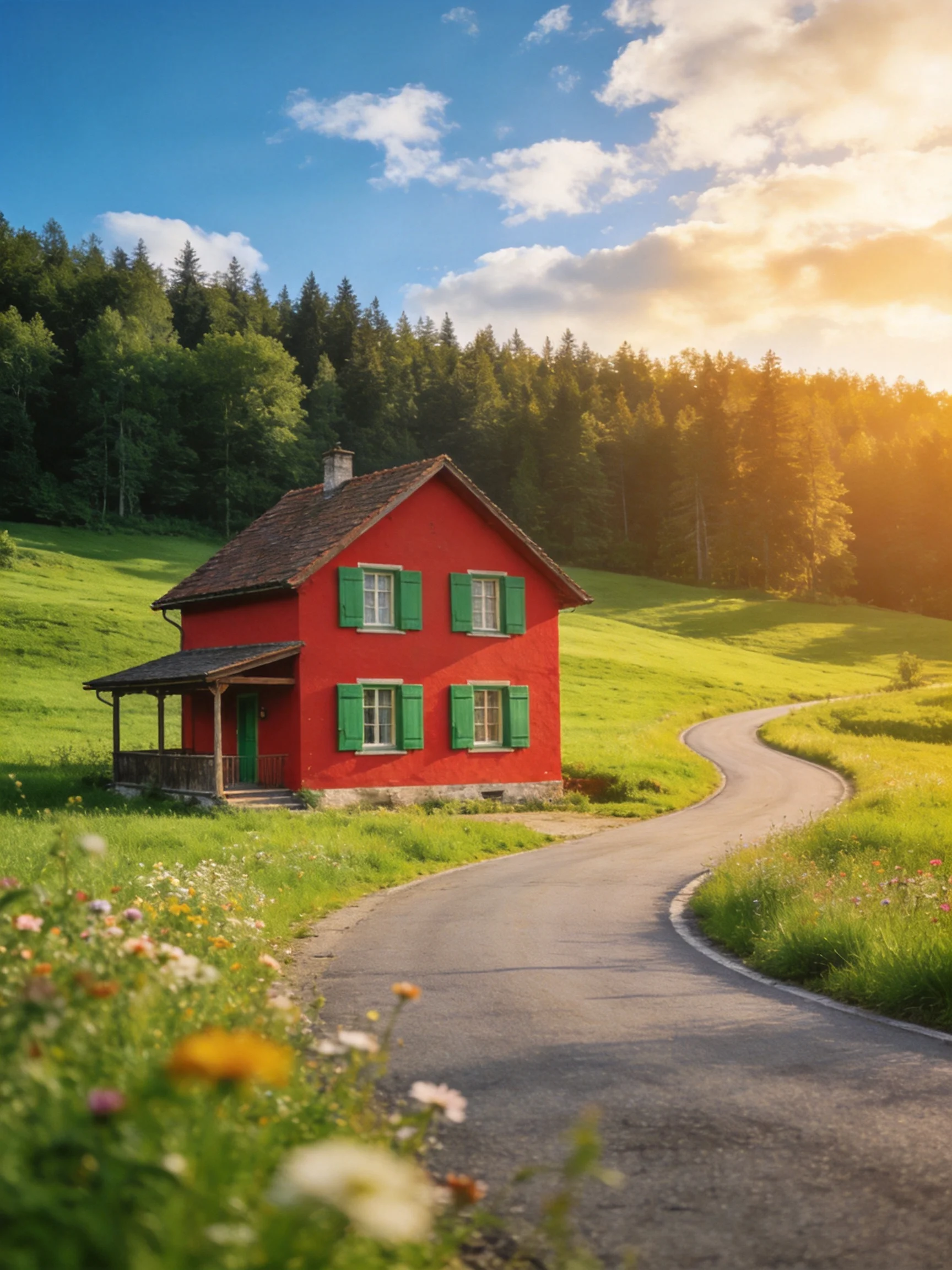 A bright red two - story cottage with green shutters beside a winding country road