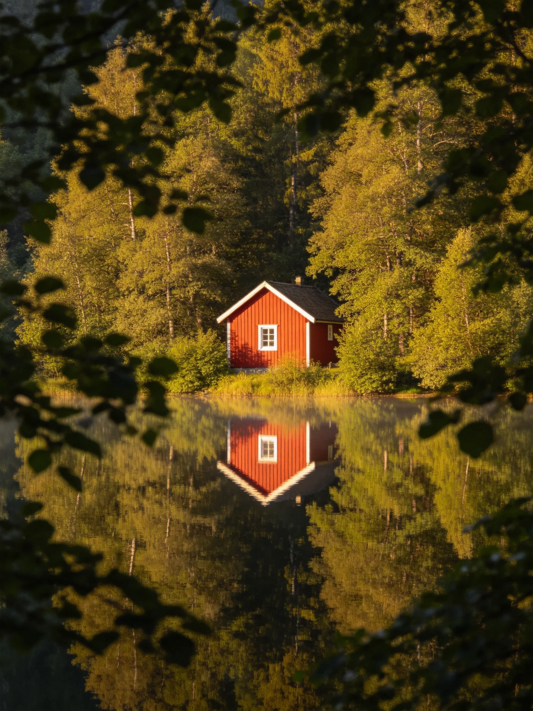 A bright red wooden cabin with white trim reflected in forest water