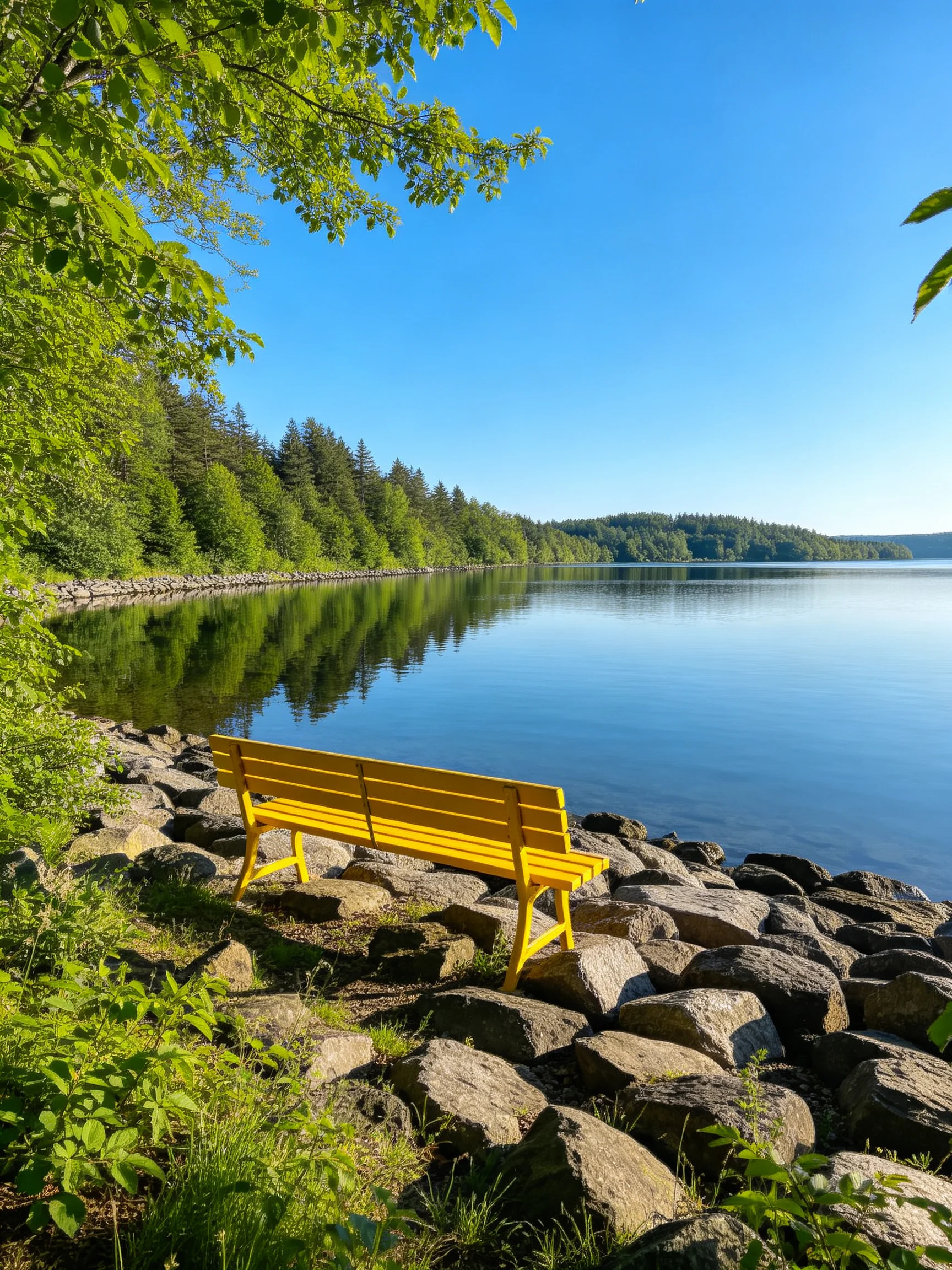 A bright yellow bench on a rocky lakeshore with calm water