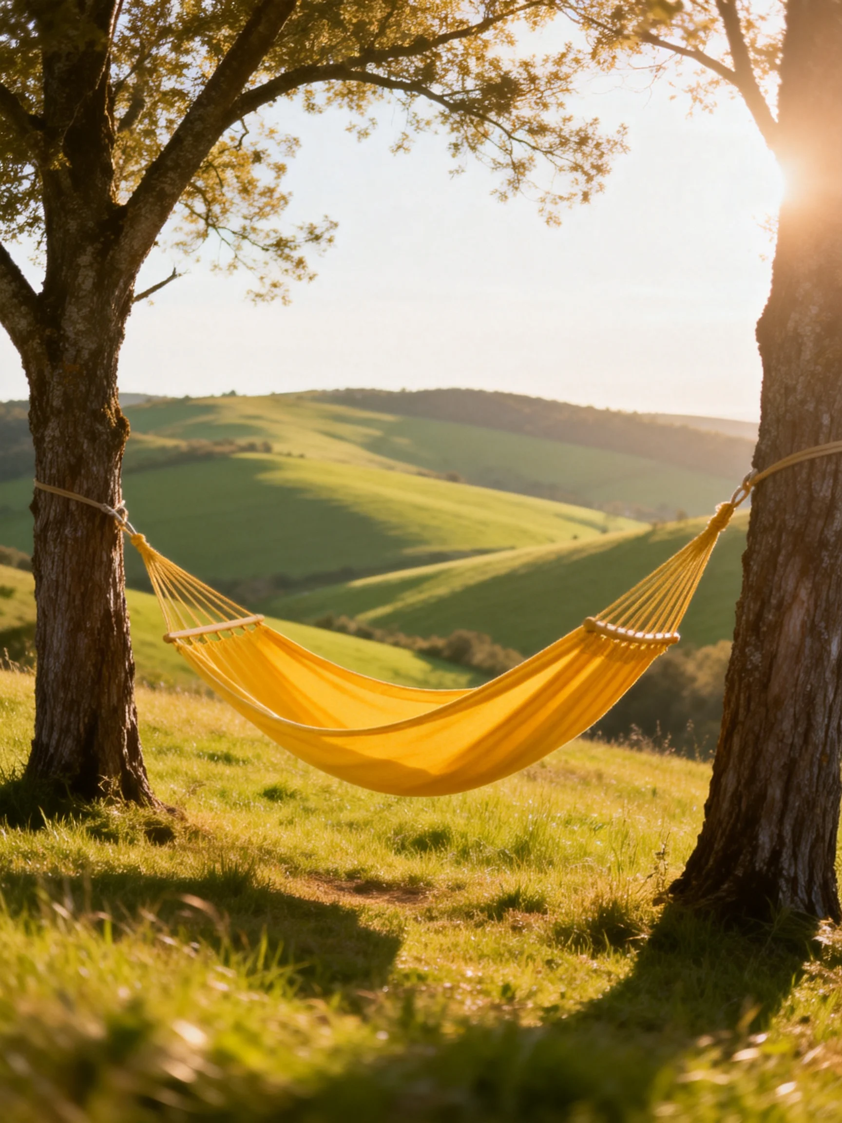 A bright yellow hammock between two trees overlooks rolling green hills