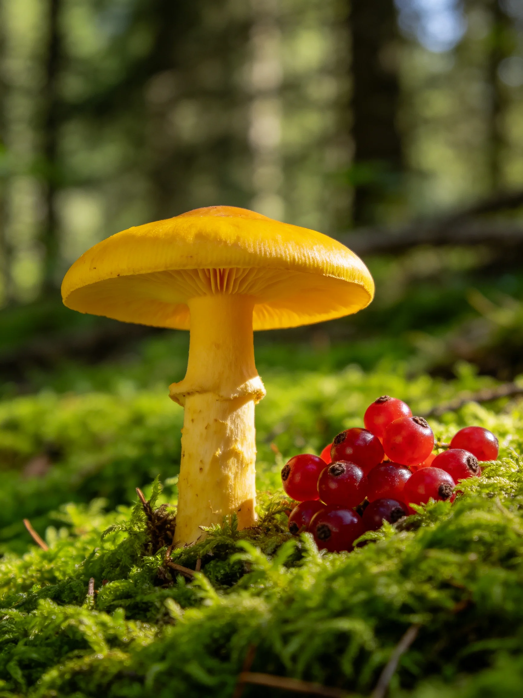 A bright yellow mushroom beside vibrant red berries on lush green moss