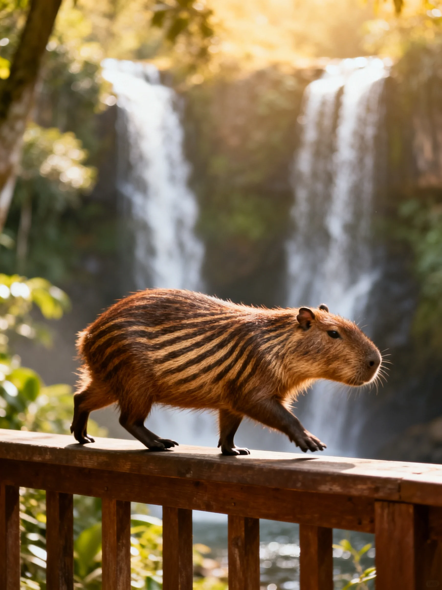 A brown - striped capybara walks along a wooden railing near two cascading waterfalls