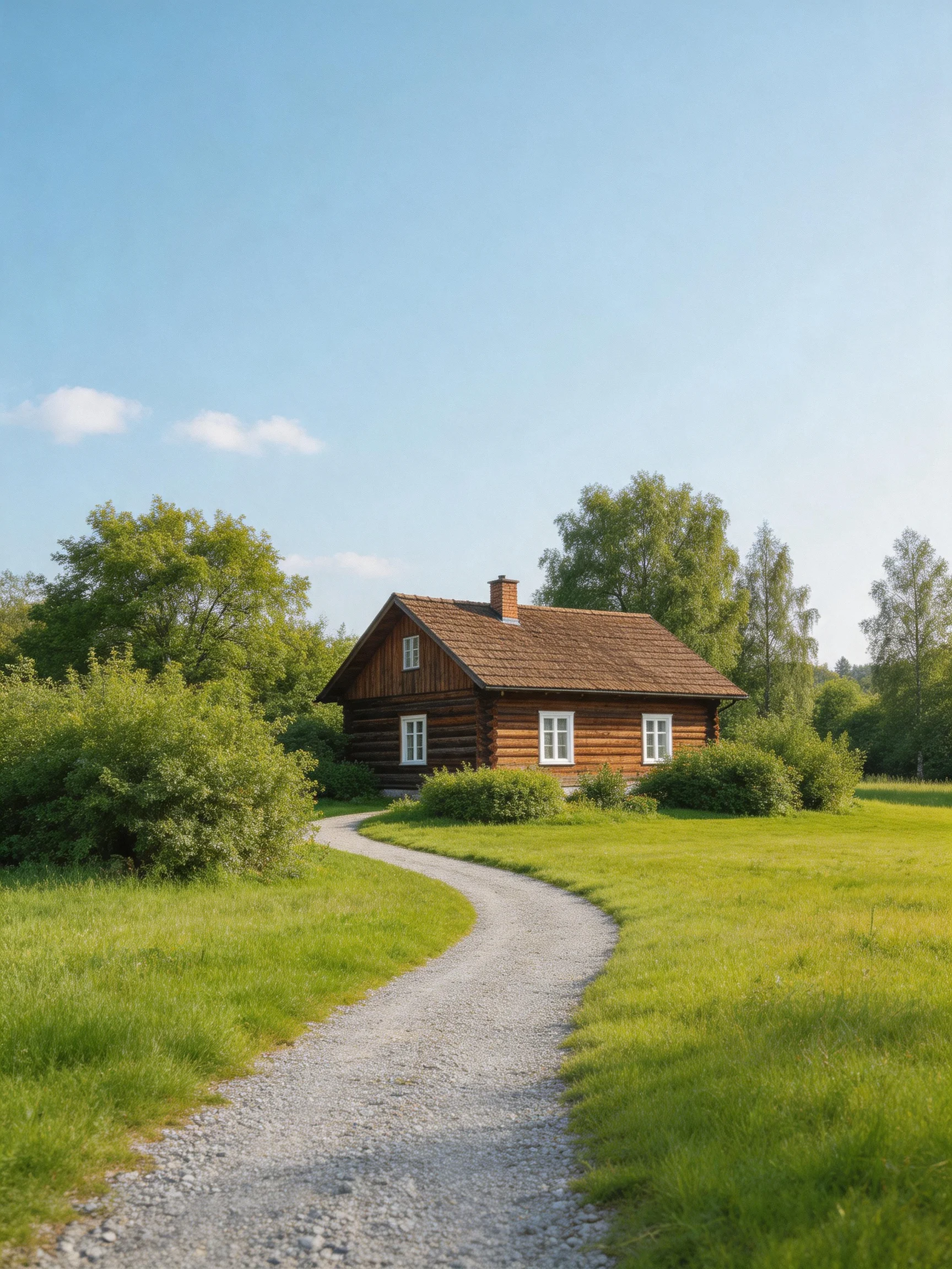 A brown log cabin with white windows near a winding gravel path
