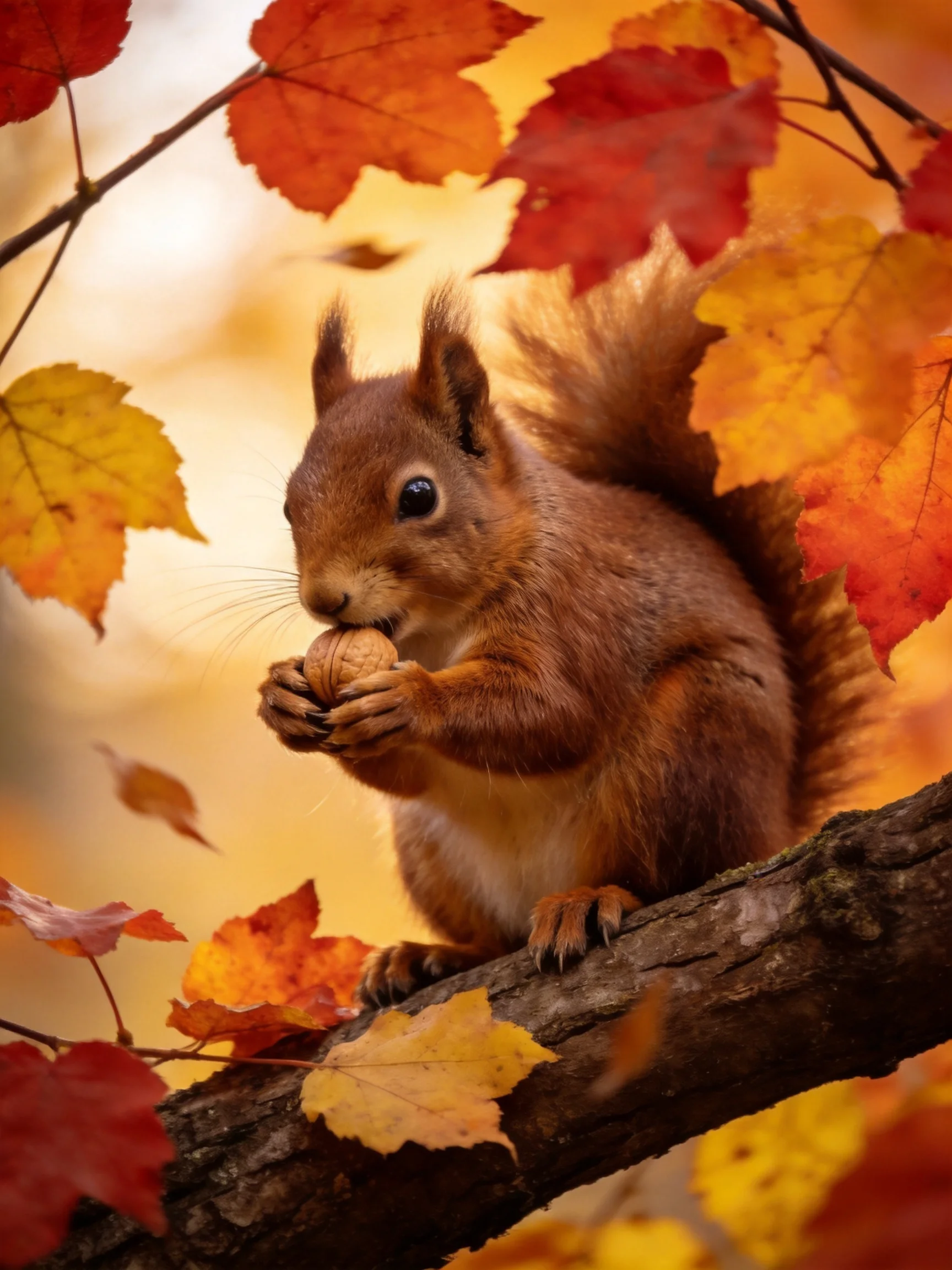 A brown squirrel eating a nut amid vibrant fall foliage
