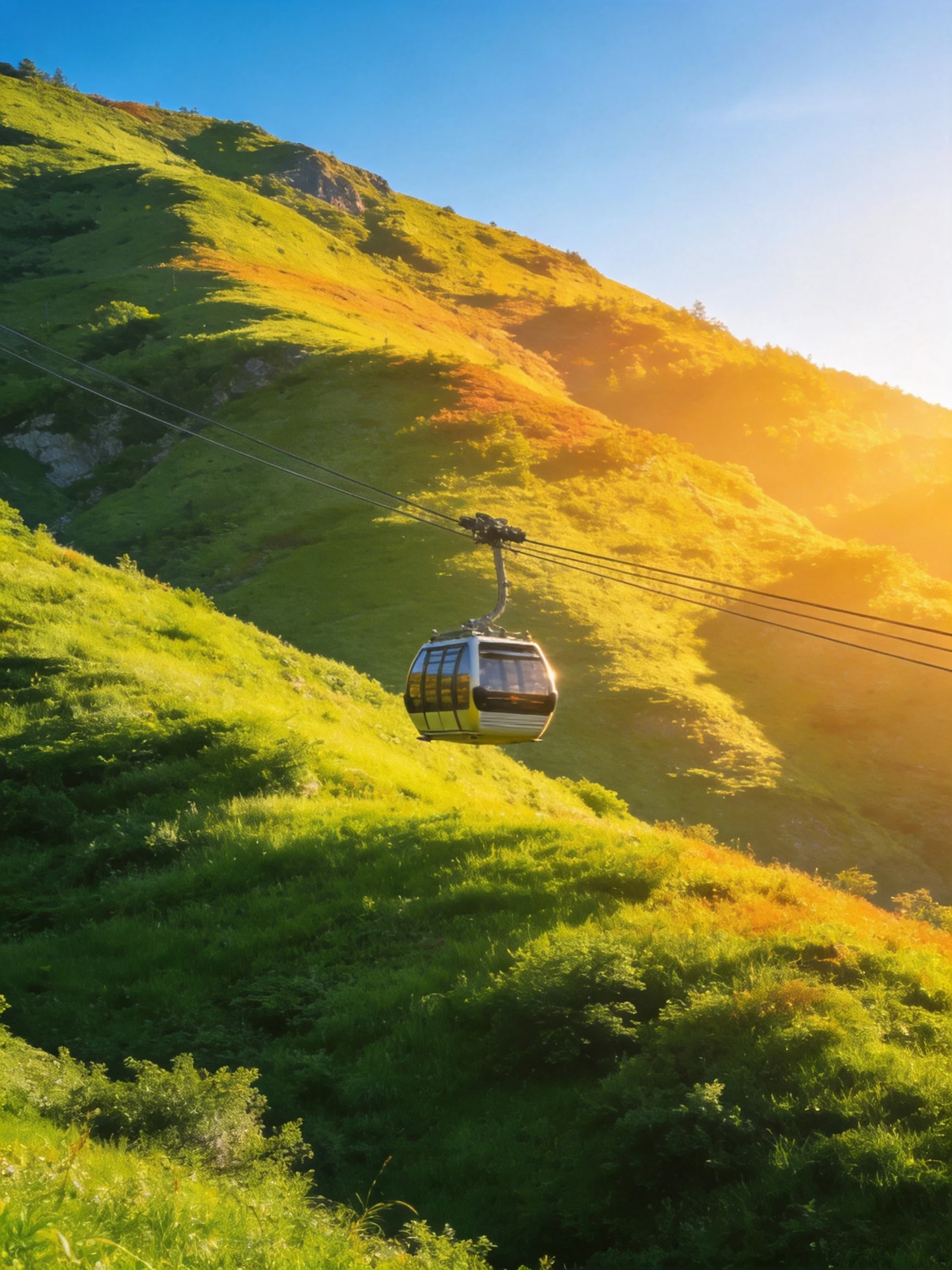 A cable car glides over verdant mountain slopes under golden light