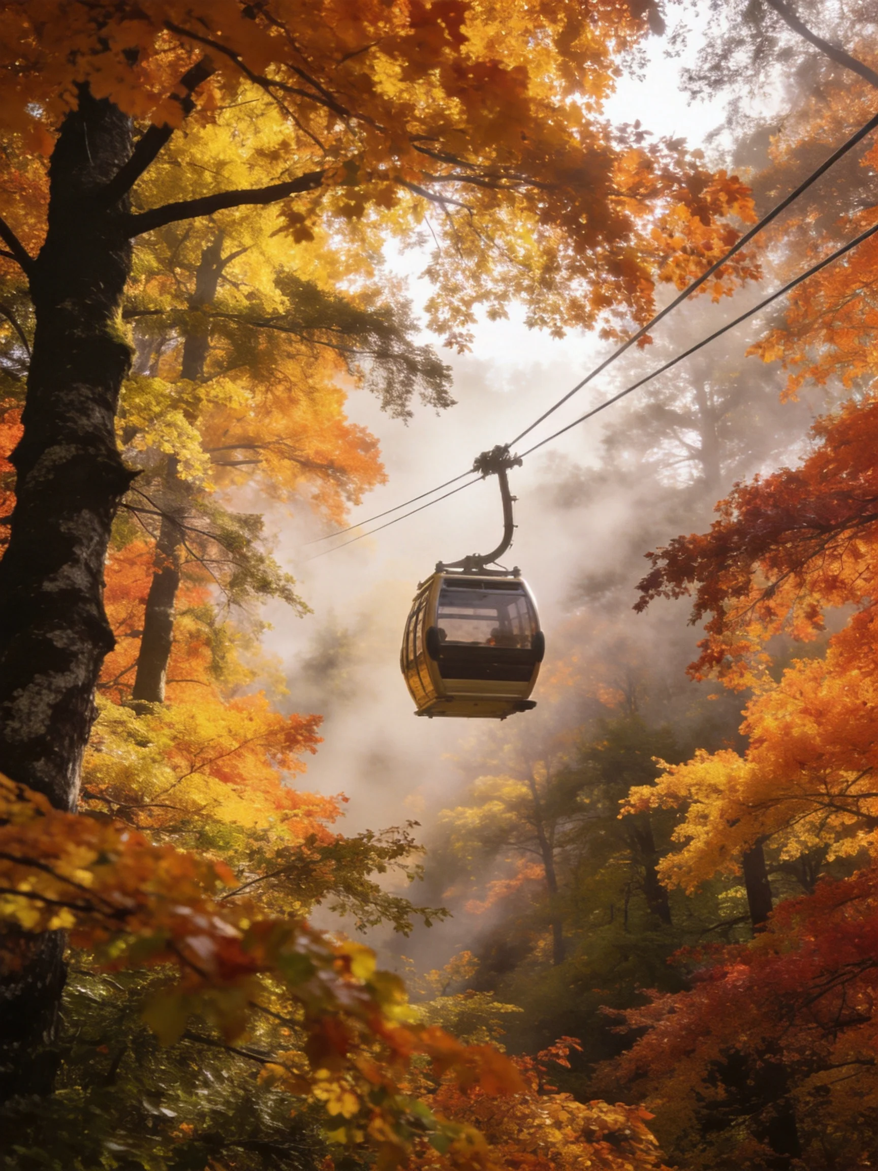 A cable car travels through vibrant autumn forest with misty surroundings