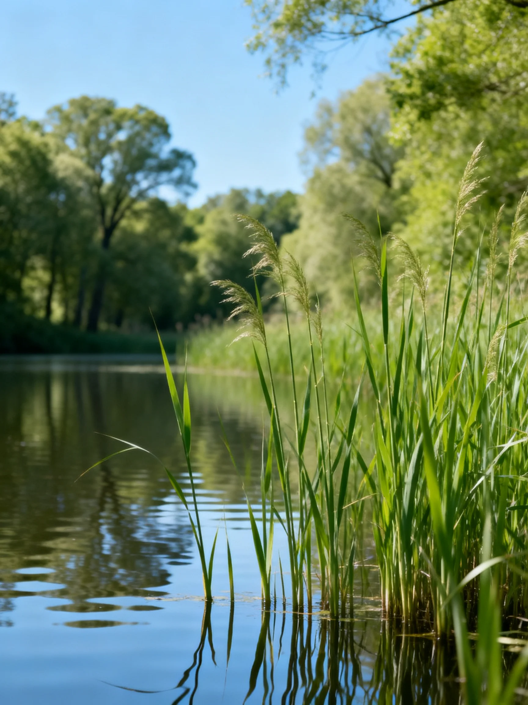 A calm blue river is bordered by tall green reeds and dense trees