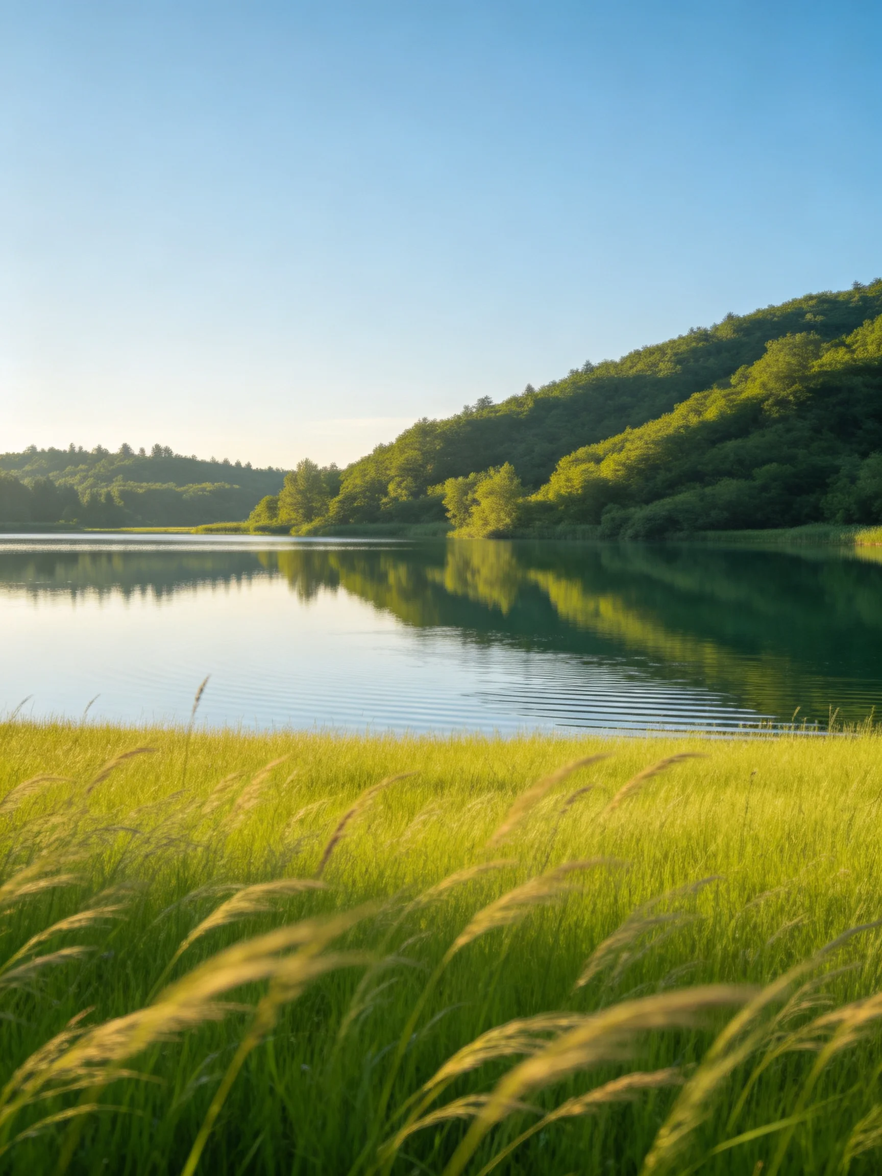 A calm lake bordered by green hills and golden grasses