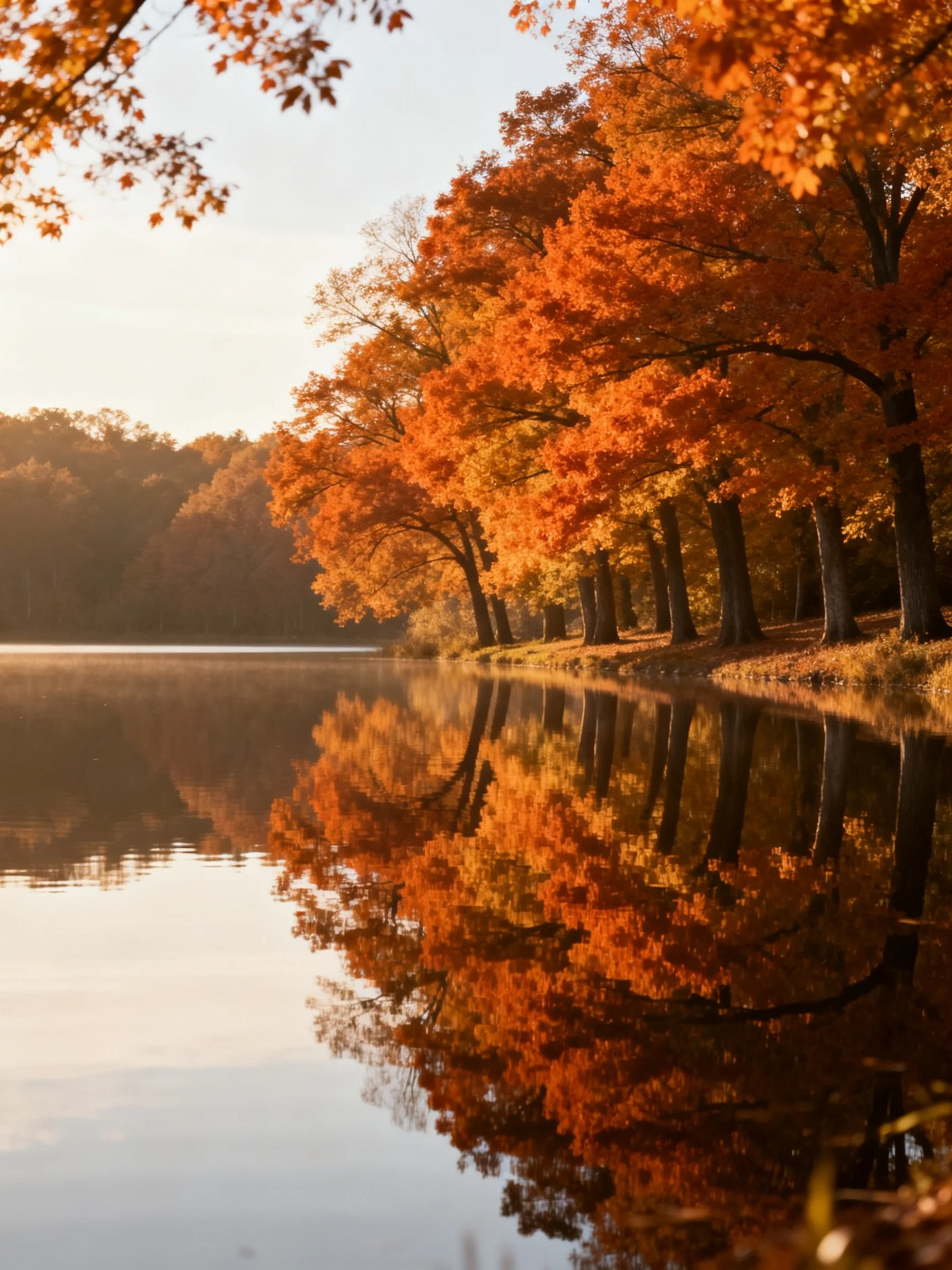 A calm lake displays reflections of orange-hued autumn trees