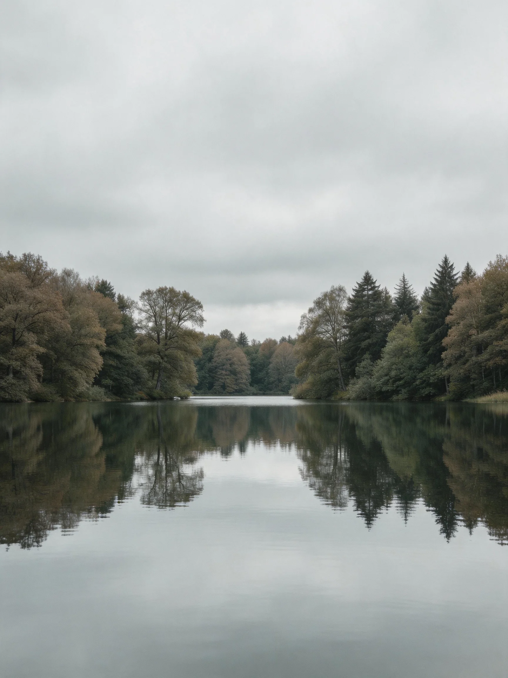 A calm lake reflects autumn trees under a gray, overcast sky