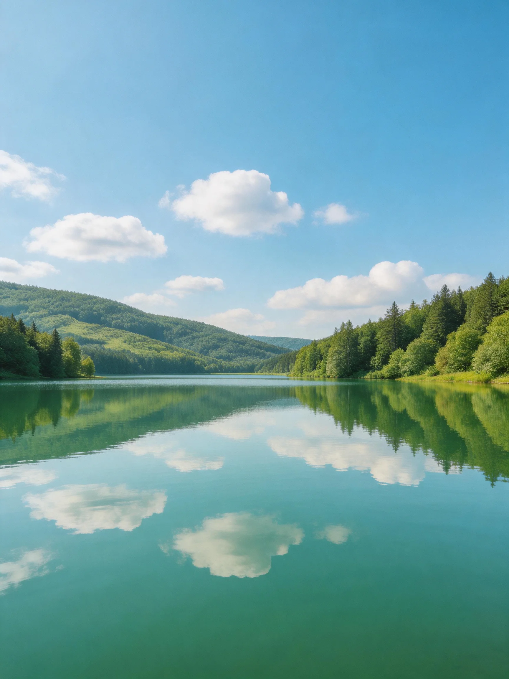 A calm lake reflects blue sky, green forests, and white clouds