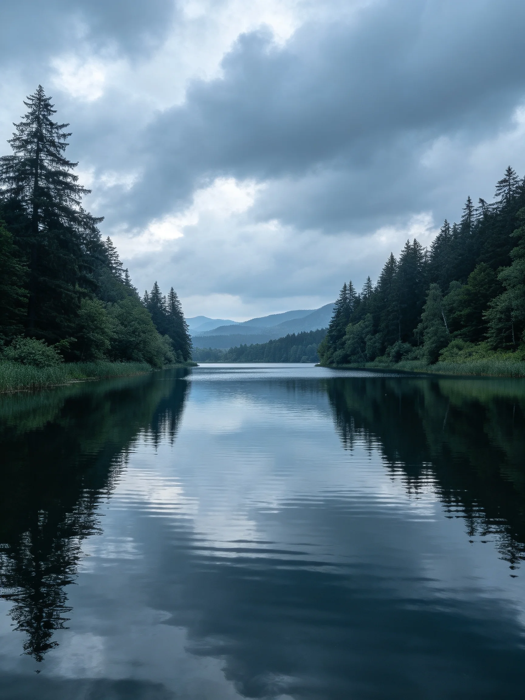 A calm lake reflects dense pine forests under moody gray skies