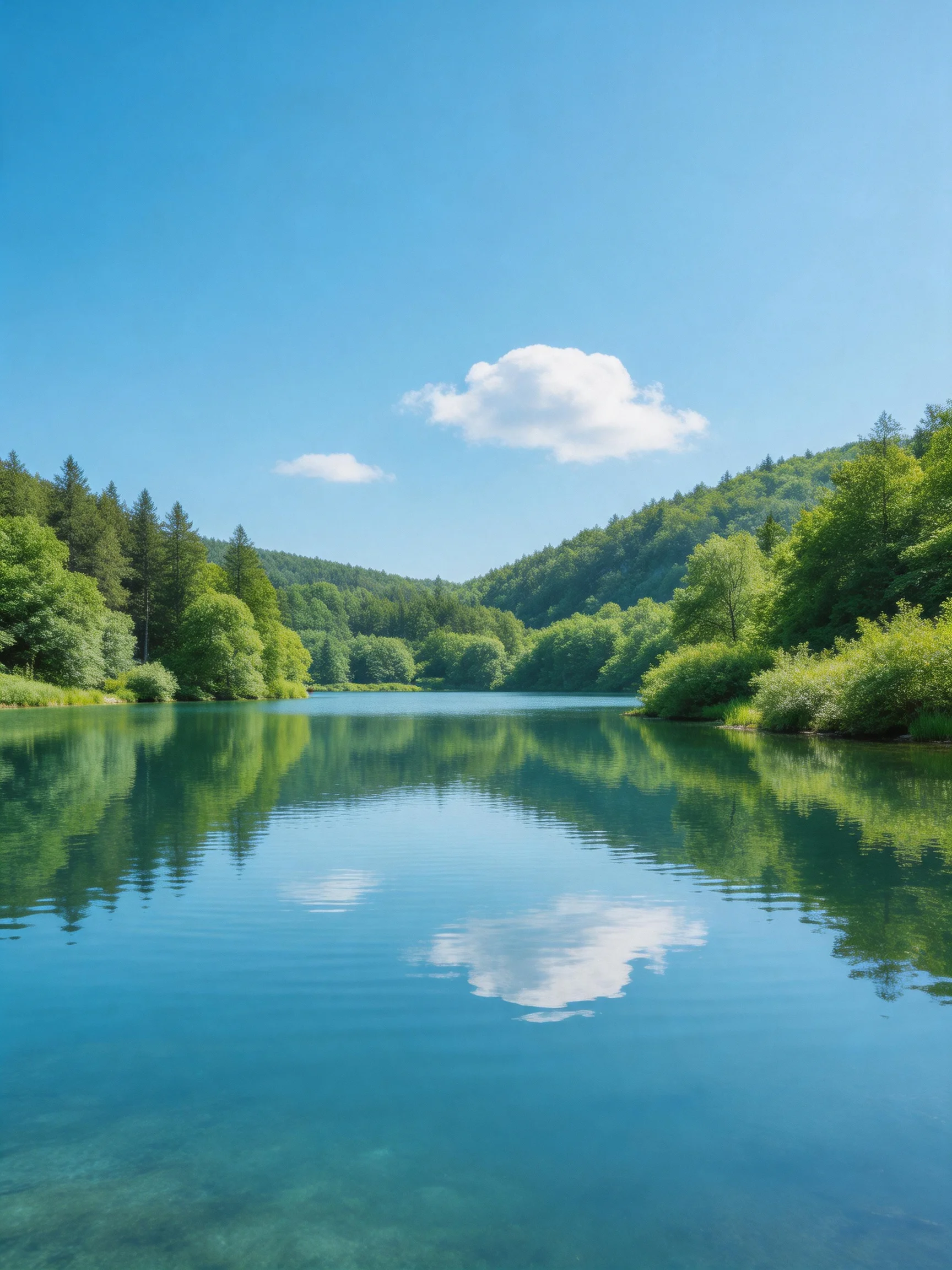 A calm lake reflects lush green forests and bright blue sky