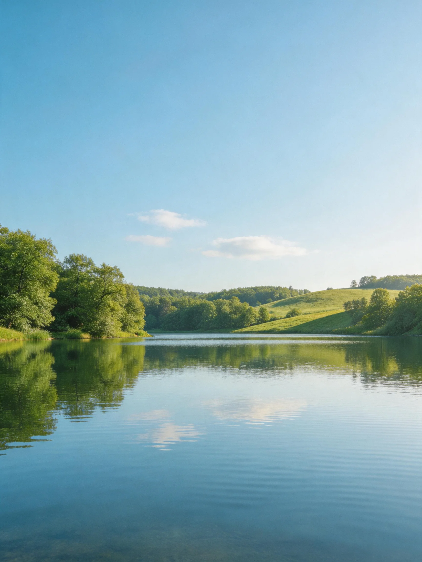 A calm lake reflects lush green forests and clear blue sky