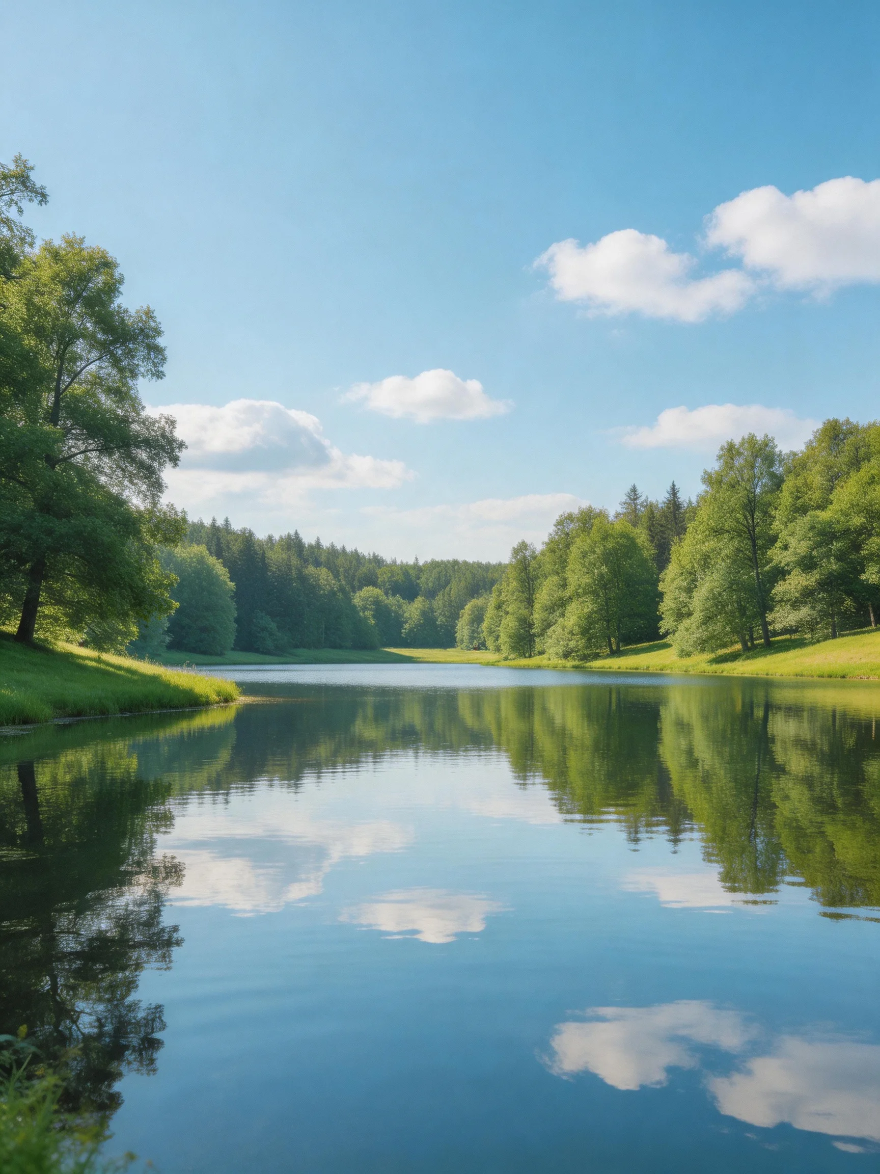 A calm lake reflects lush green trees and bright blue sky