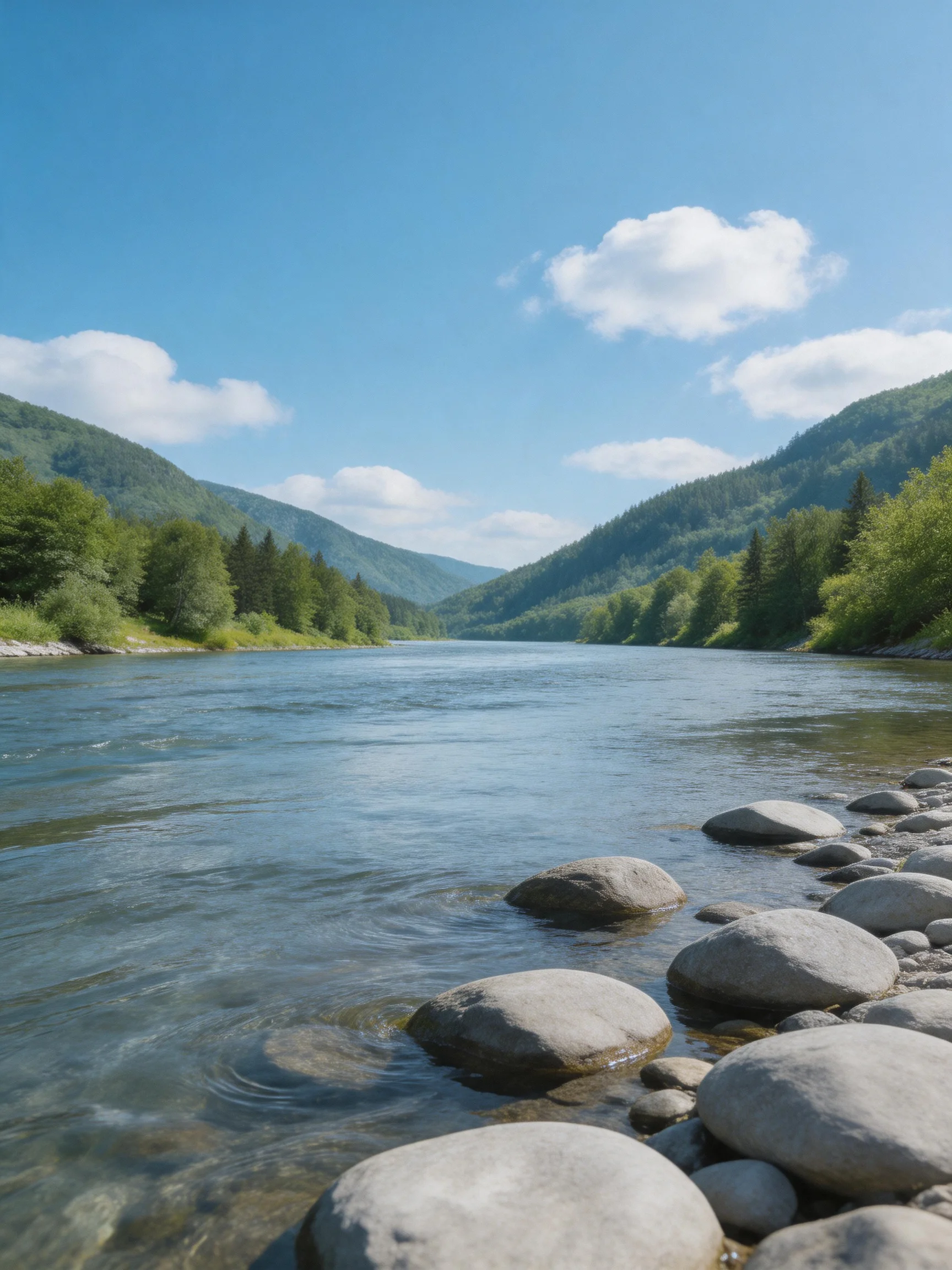 A calm river flows past smooth stones and lush green mountains under bright blue skies