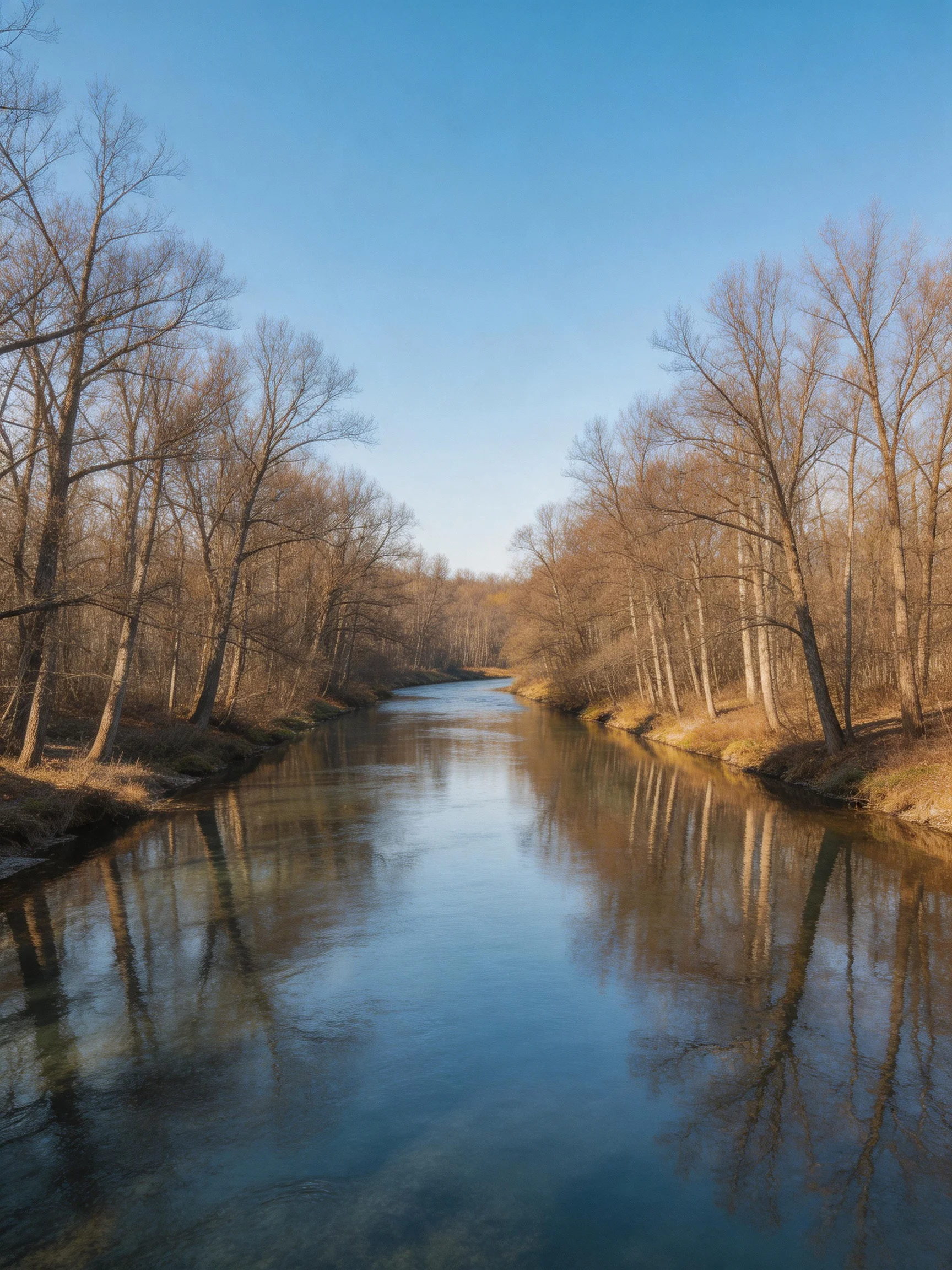 A calm river reflects bare trees under a clear blue sky