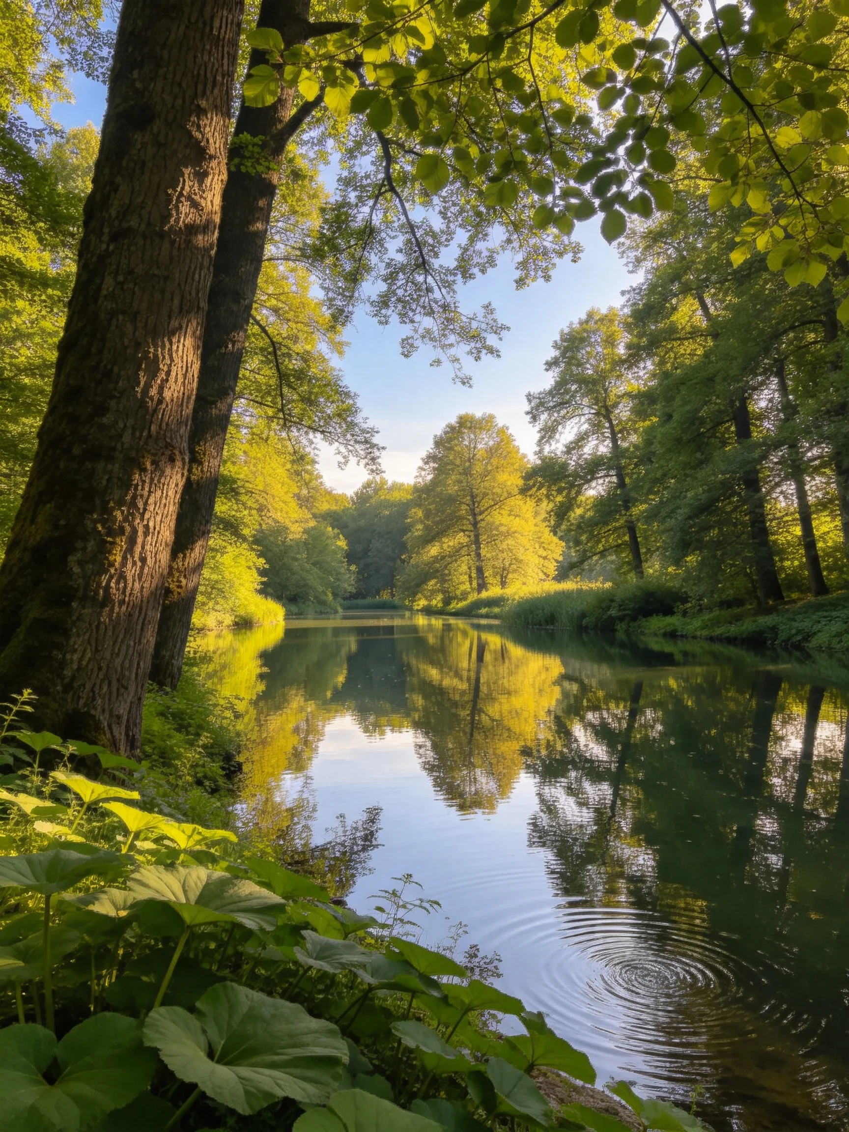 A calm river reflects lush green trees and forest foliage