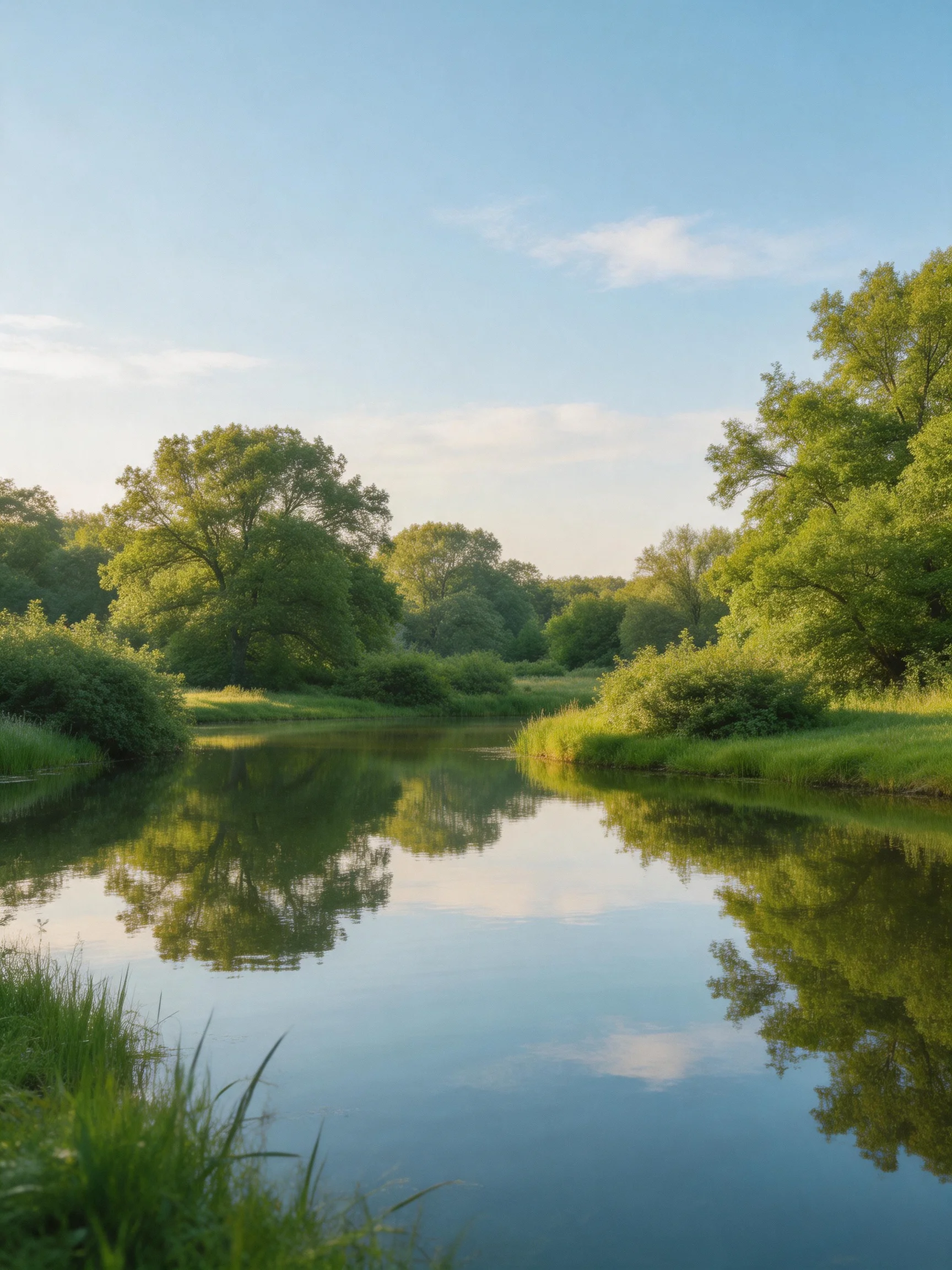 A calm river reflects lush green trees under a clear blue sky