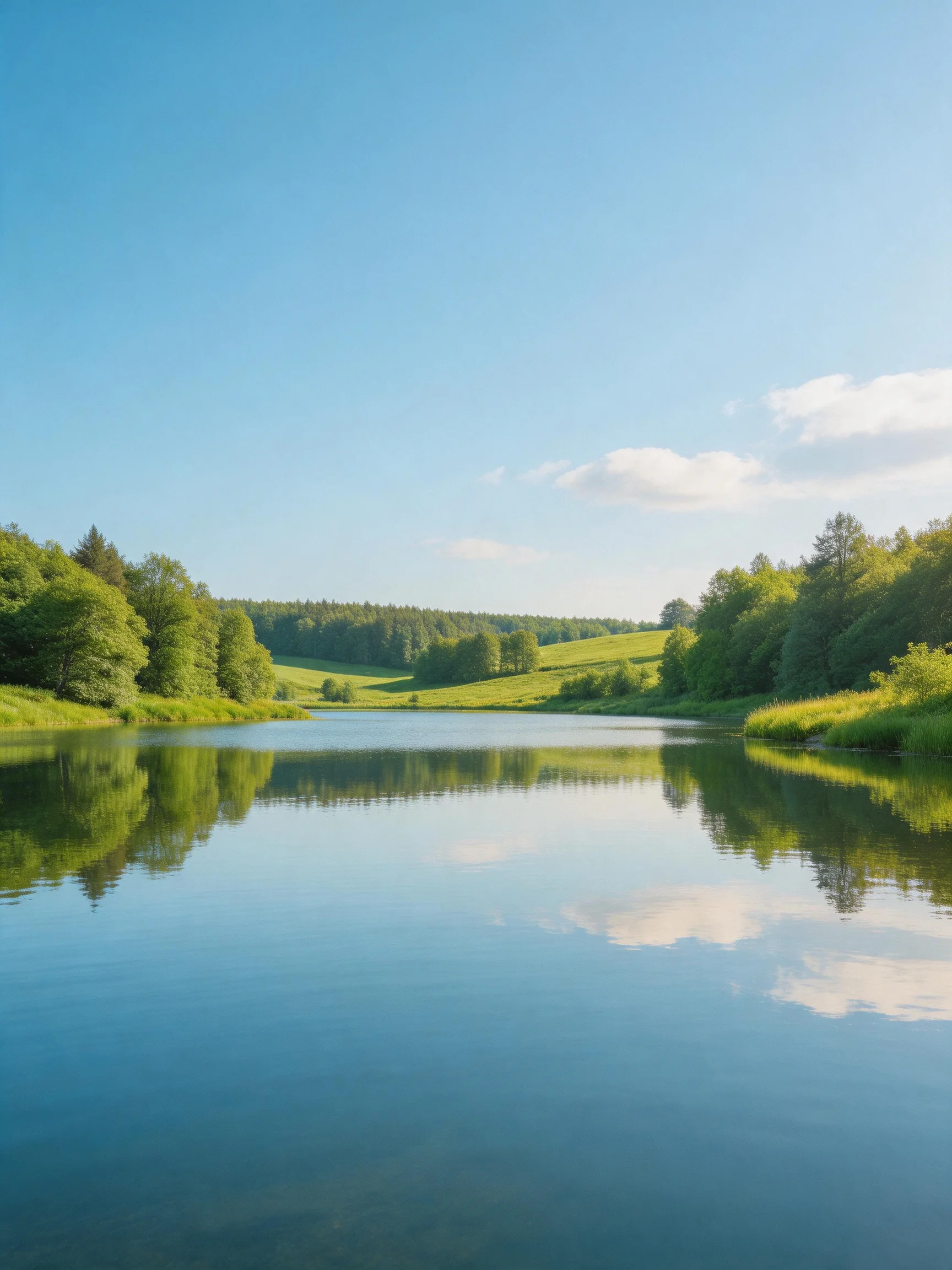 A calm river reflects lush greenery and clear blue skies