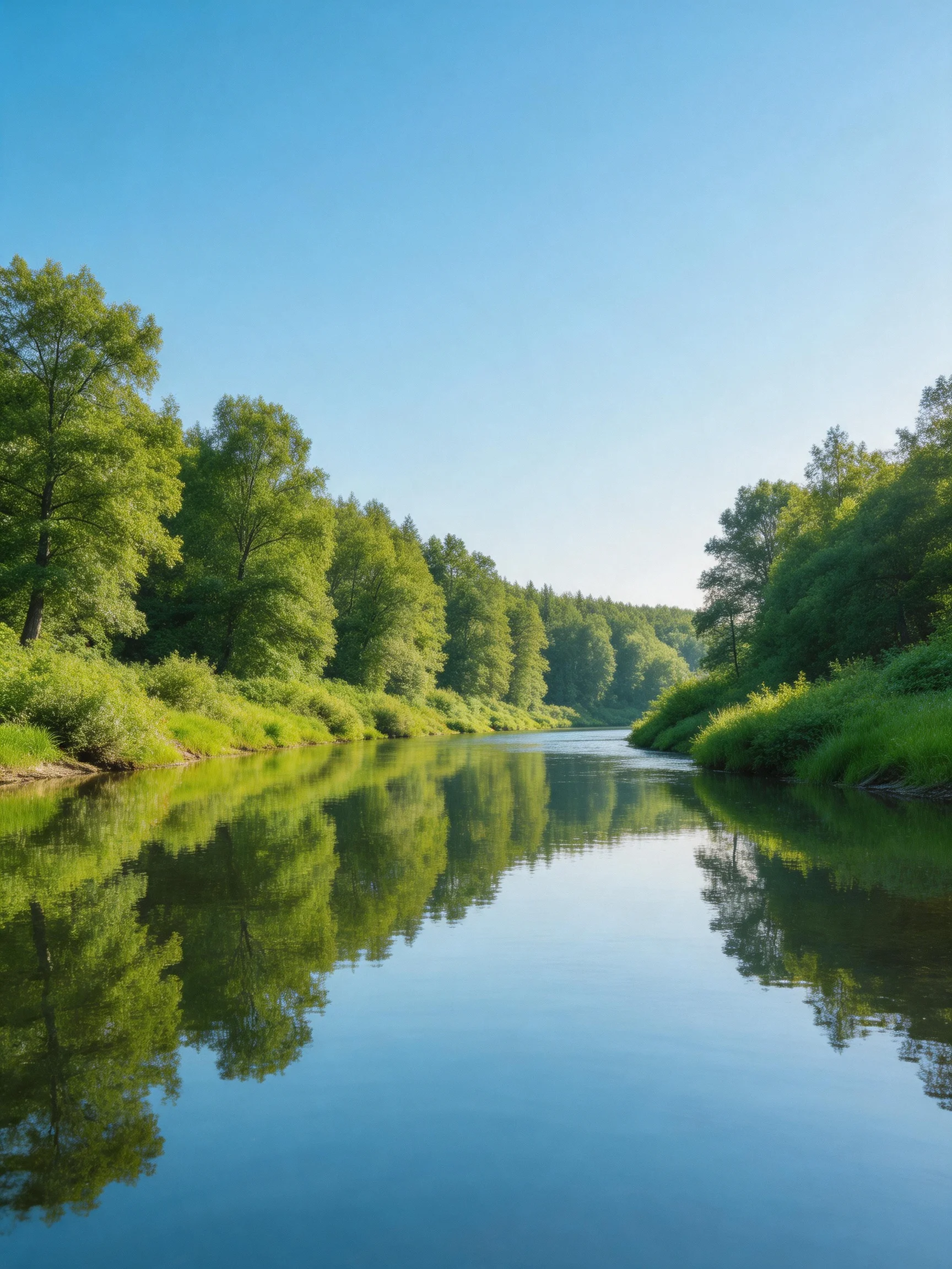 A calm river reflects lush greenery beneath a clear blue sky
