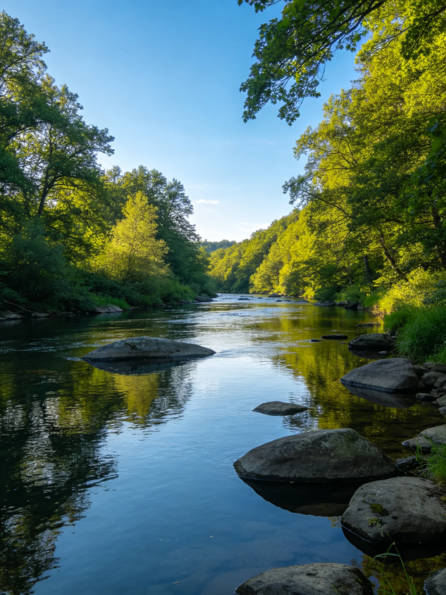 A calm river winds through dense green forests with rocks along its banks.