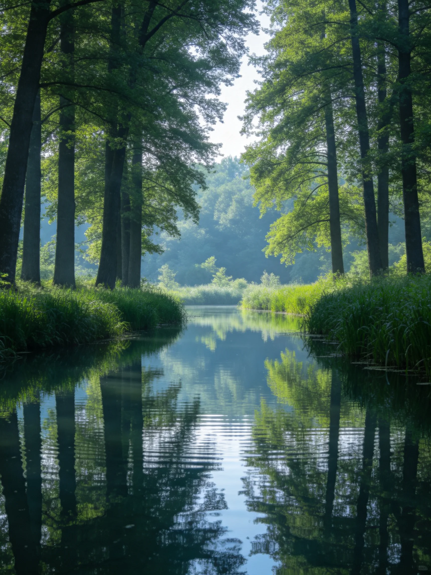 A calm waterway reflects tall trees and lush greenery in a forest