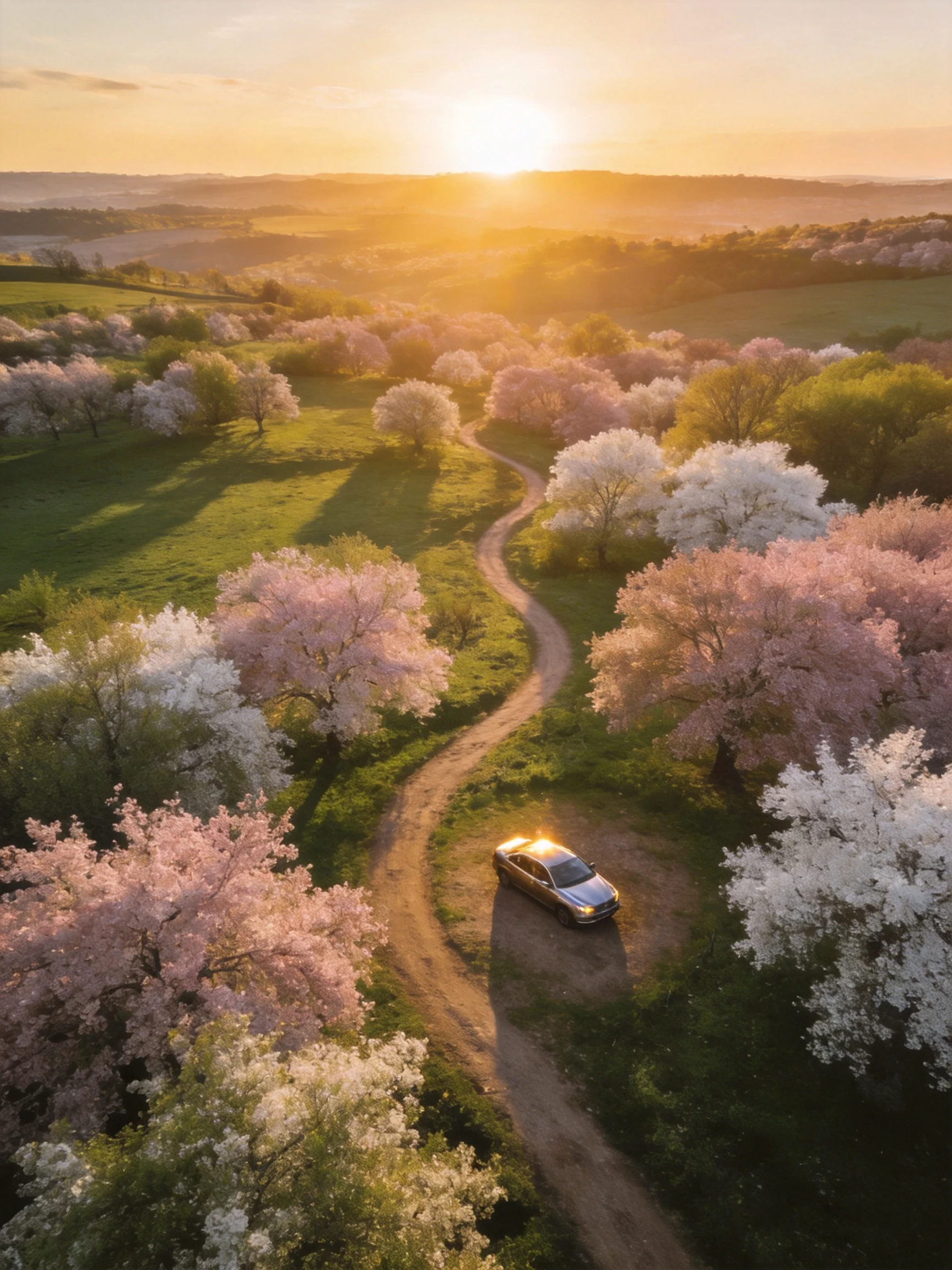 A car travels along a dirt road amid blooming cherry blossom trees during sunset