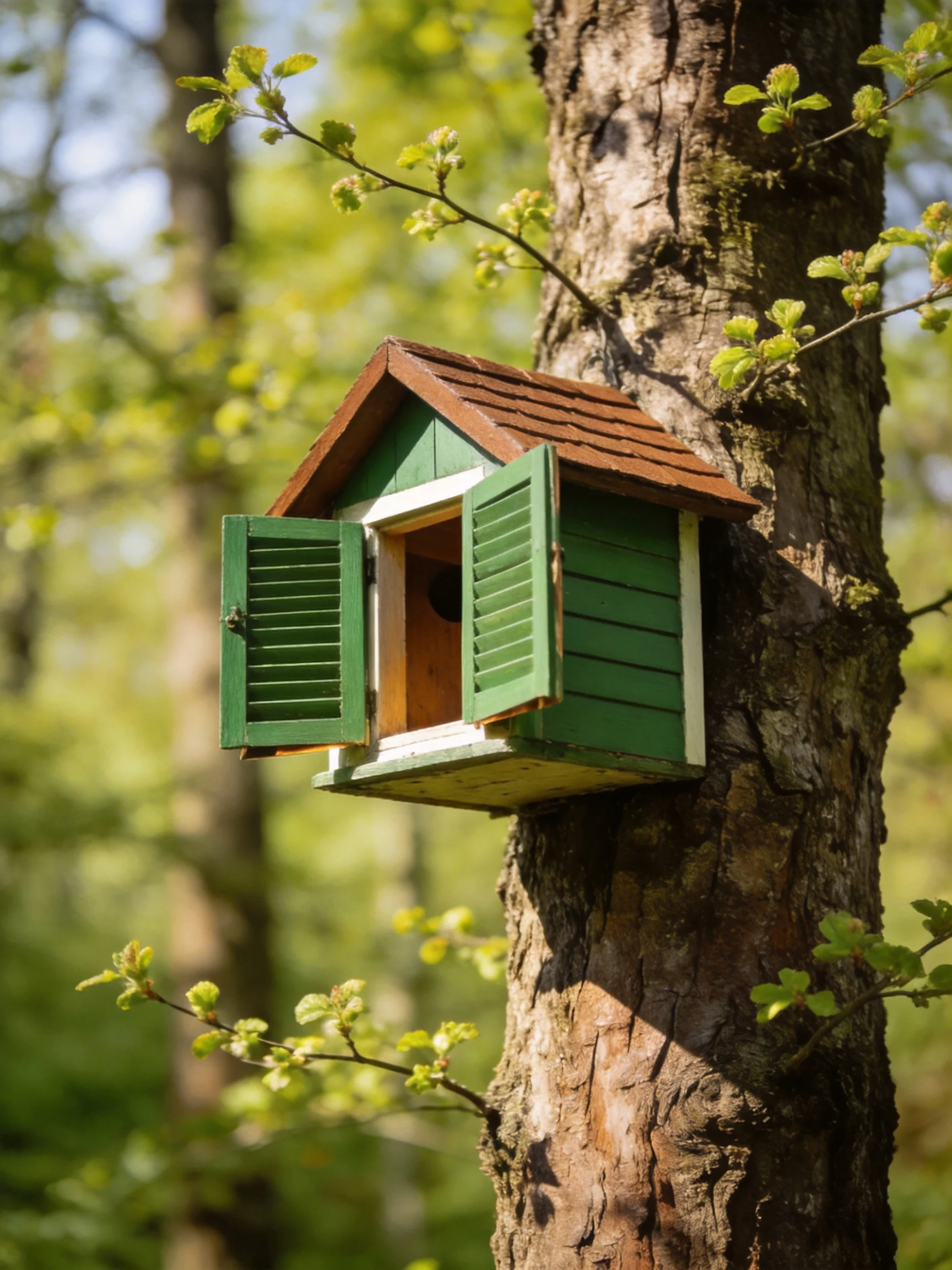 A charming green birdhouse with open shutters mounted on a tree trunk