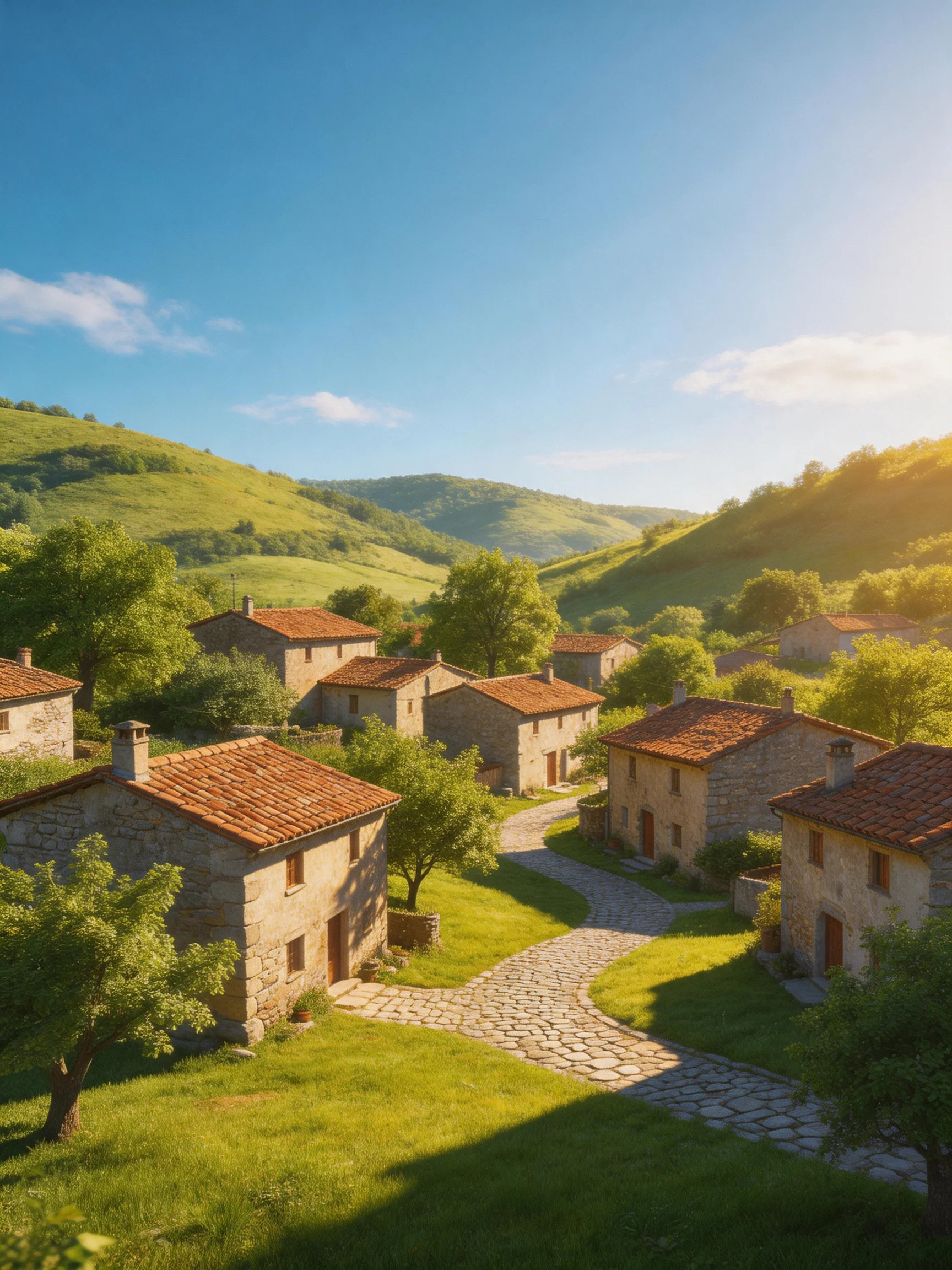 A charming village with stone houses and red-tiled roofs near green hills