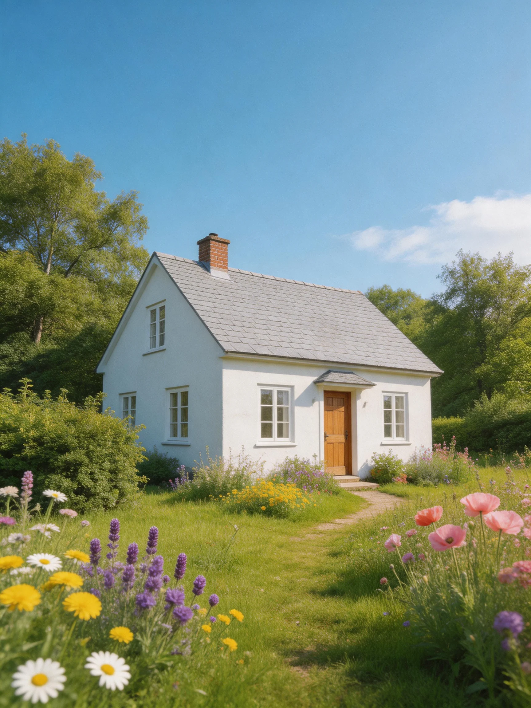 A charming white cottage with colorful flower-filled gardens