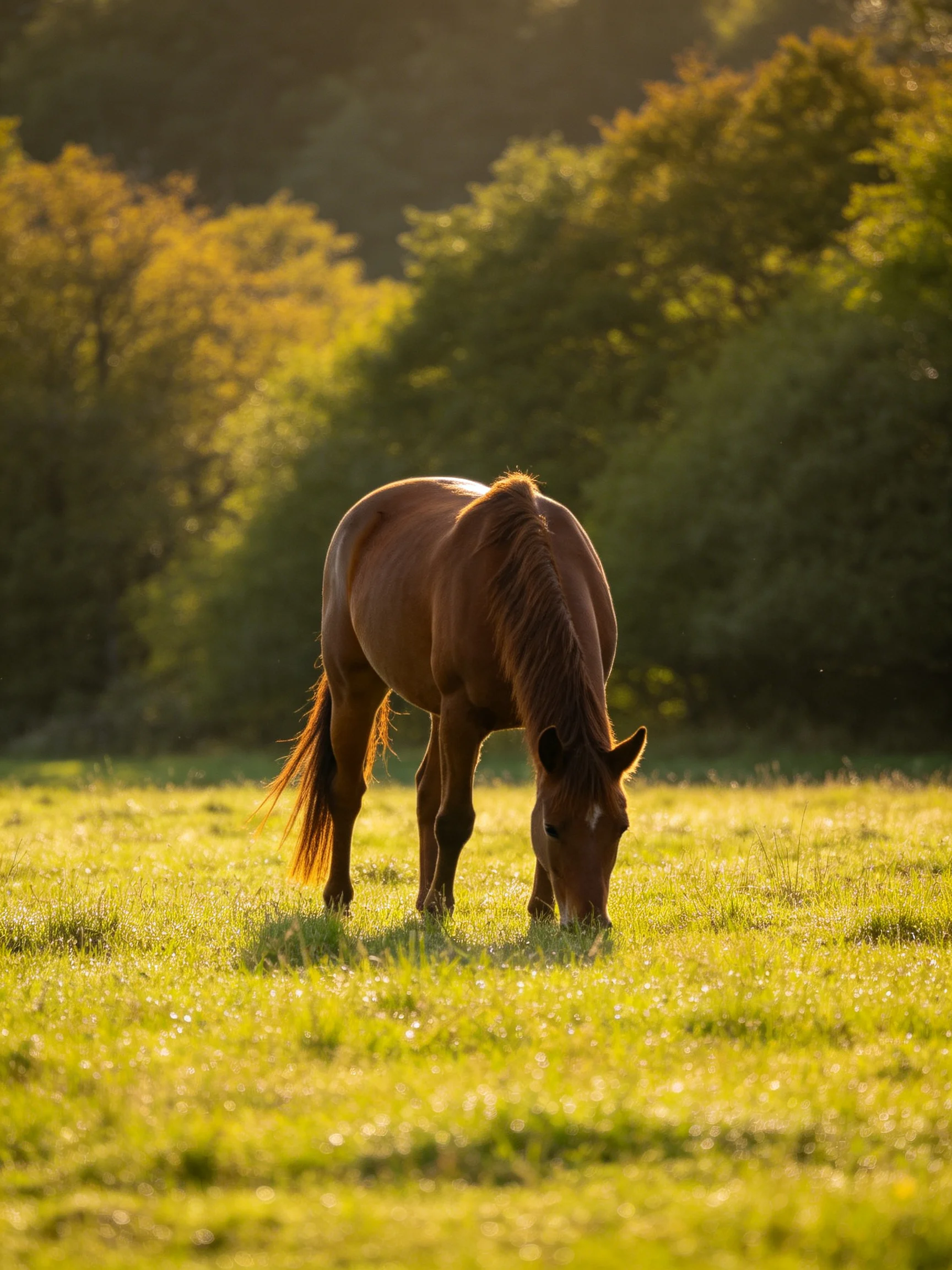 A chestnut horse grazes in a sunlit green meadow with dense trees