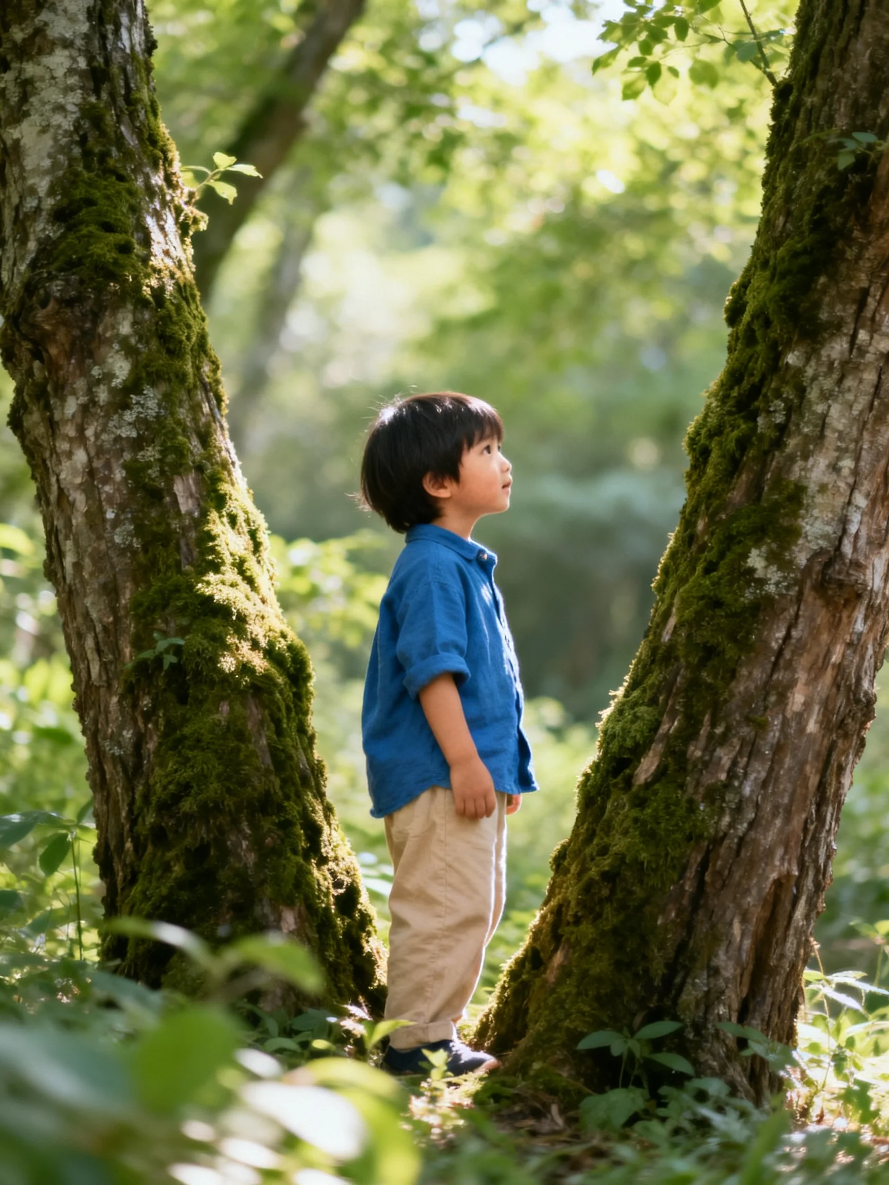 A child in a blue shirt stands between moss-covered trees in a sunlit forest